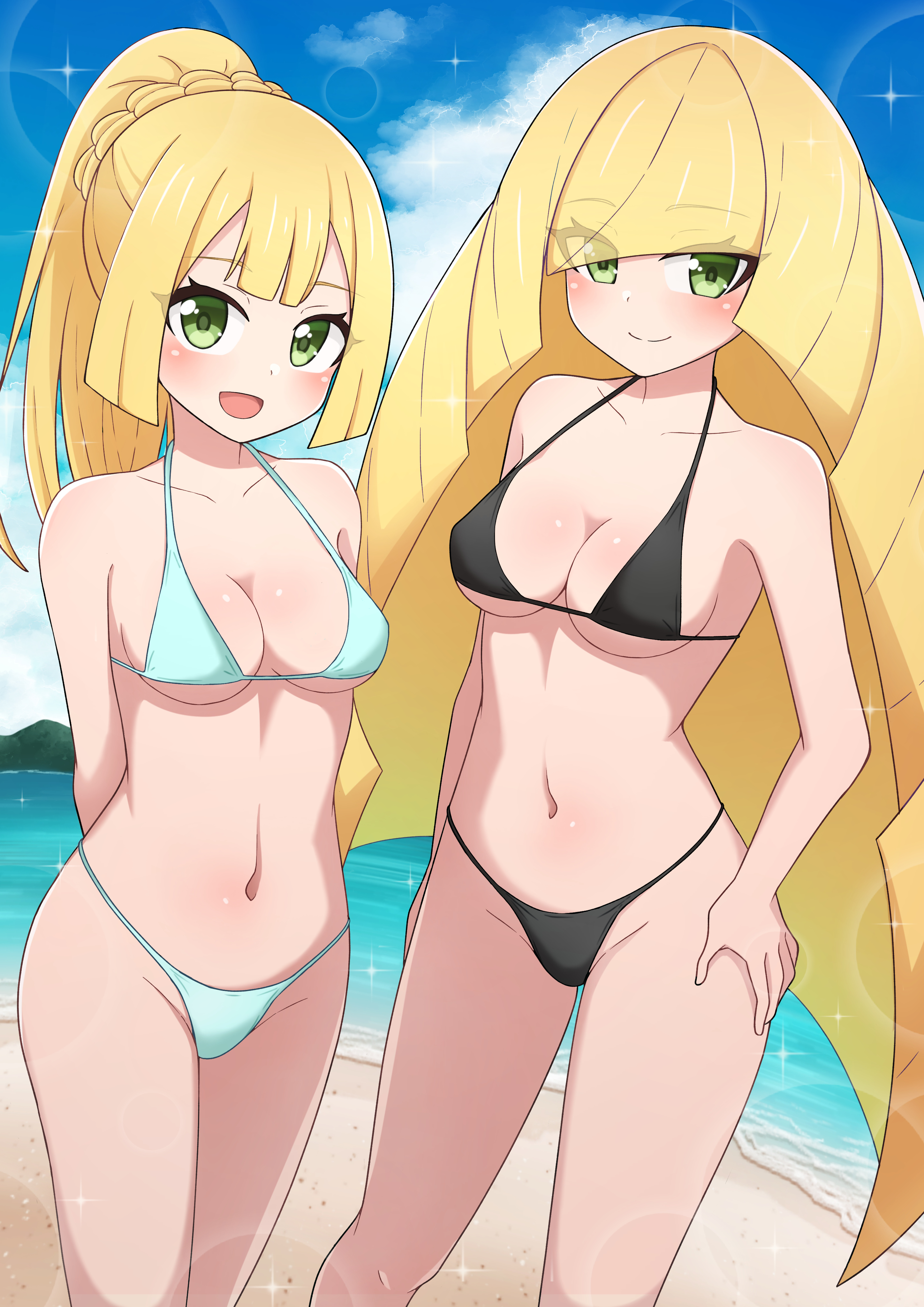 2girls, beach, big breasts, bikini, bikini bottom, bikini top, black bikini, blonde hair, blue bikini, blush, bottomwear, breasts, cleavage, daughter, female, female only, game freak, green eyes, hair, lillie (pokemon), long hair, lusamine (pokemon), mature, mature female, milf, mother, mother and daughter, oyakodon, pokemon, pokemon sm, ponytail, ppmmkoko360, swimwear, topwear