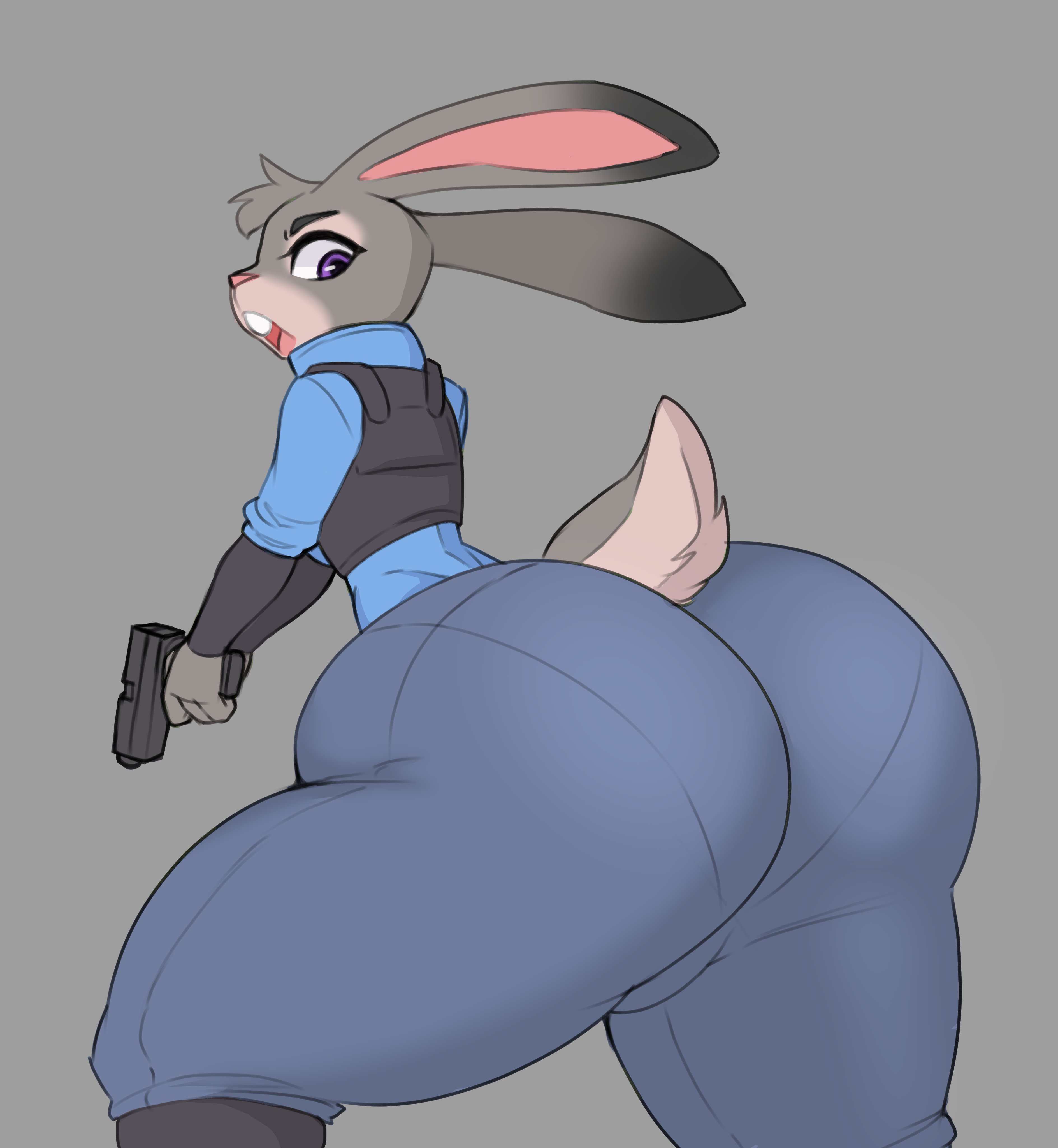 1girls, ass, big ass, big butt, clothing, disney, female, female only, gun, huge ass, huge butt, hyper thighs, judy hopps, large ass, large butt, massive thighs, rabbit, rabbit ears, rabbit girl, rabbit tail, reddrago, solo, thunder thighs, zootopia, zootropolis