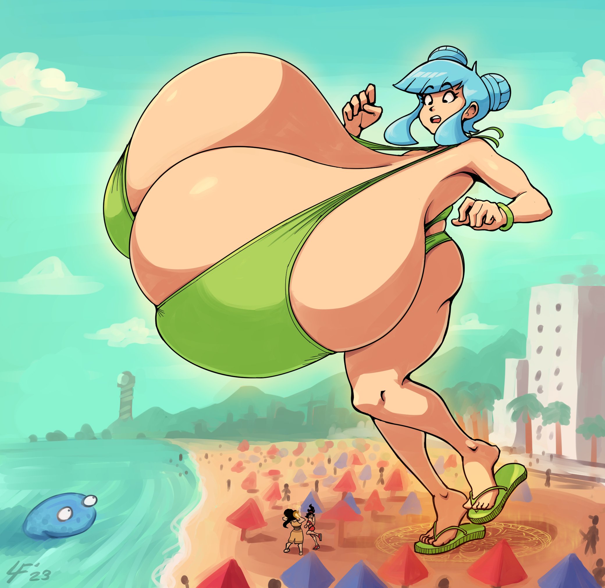 1girls, beach, big breasts, bikini, blue hair, breast expansion, breast growth, breast growth (enlargement), breasts, breasts bigger than body, breasts bigger than building, breasts bigger than head, breasts bigger than torso, bursting breasts, enormous breasts, female, giant breasts, giantess, gigantic breasts, huge breasts, hyper, hyper breasts, julissa (lucy fuchs), large breasts, lucy fuchs, massive breasts, sandals, short hair, top heavy