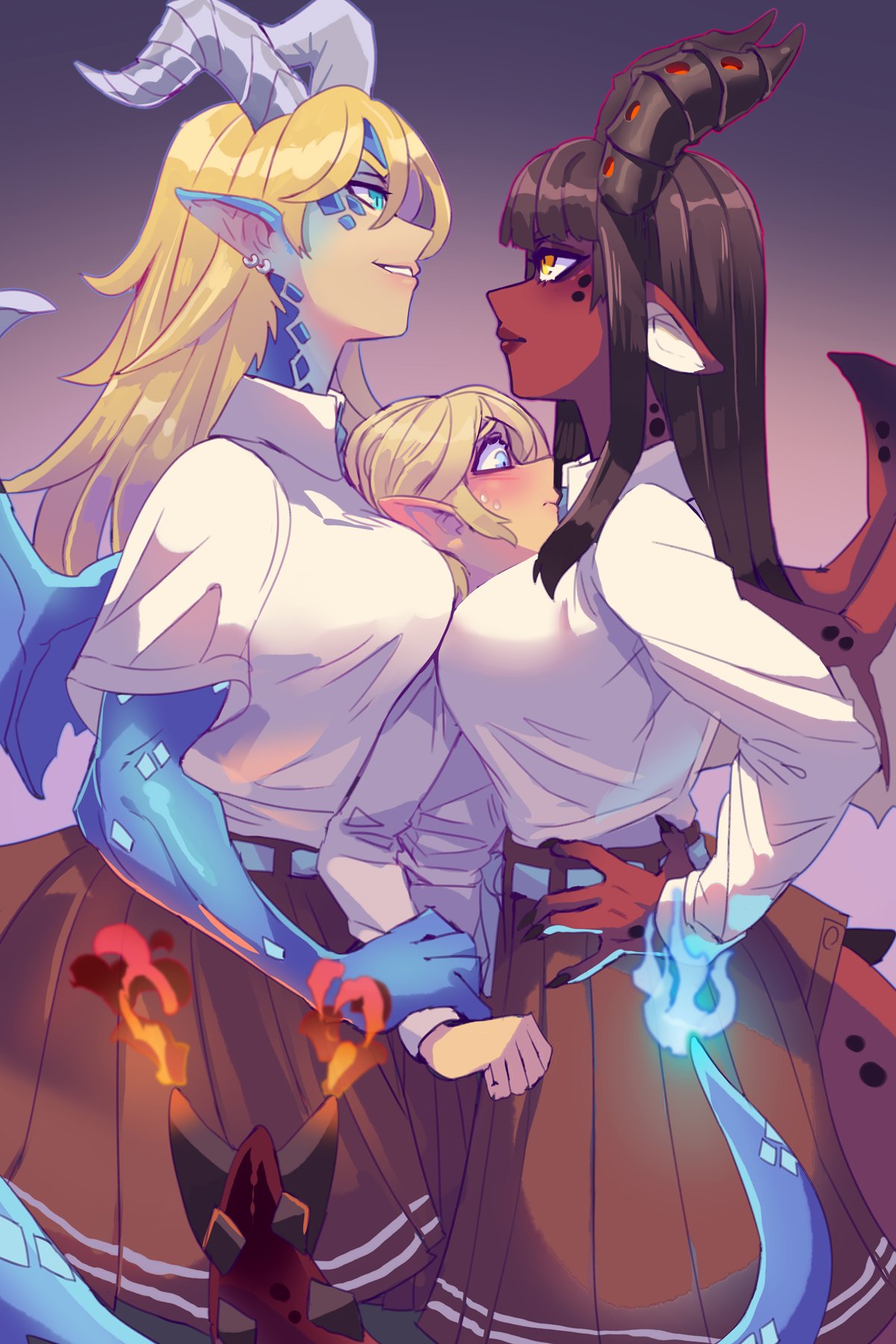 3girls, between breasts, big breasts, blonde hair, blue eyes, blue scales, blue skin, breasts, bully, dragon girl, ear piercing, earrings, elf female, female, female only, fire, hands on hips, holding wrists, horns, long ears, multiple females, multiple girls, nervess, original, original characters, pointy ears, red scales, sandwiched, school uniform, size difference, skirt, smaller female, tail, taller female, wings