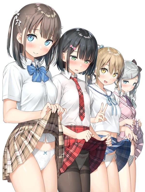 blush, embarrassed, grey panties, lifting skirt, panties, pantsu, pantyhose, presenting panties, school uniform, showing panties, thighs, underwear, white panties