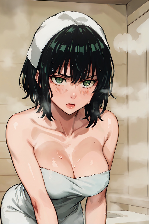 ai generated, bare shoulders, bathhouse, bathing, big breasts, blush lines, braasts, breasts, chest, covered nipples, female, fubuki (one-punch man), green eyes, green hair, looking at viewer, one-punch man, open mouth, sauna, stable diffusion, steam, steamy breath, sweat, sweatdrop, sweating, sweaty body, thighs, towel, towel wrap