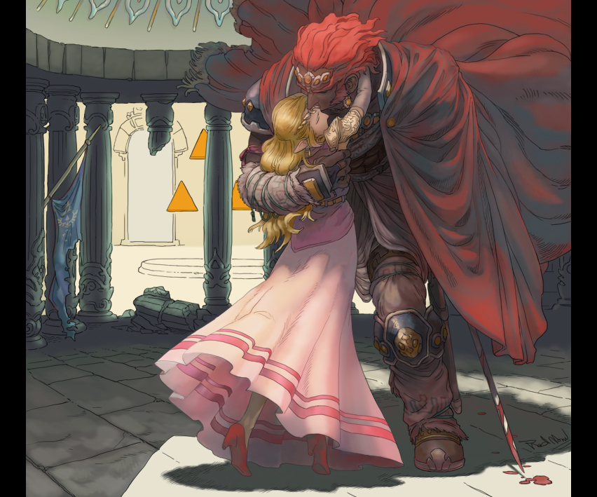 artist_request blood bloody_sword brown_skin couple female ganondorf ganondorf_(ocarina_of_time) gerudo hero_and_villain hug male ocarina_of_time princess_zelda red_hair red_high_heels size_difference tall_male taller_male the_legend_of_zelda zelda_(ocarina_of_time)