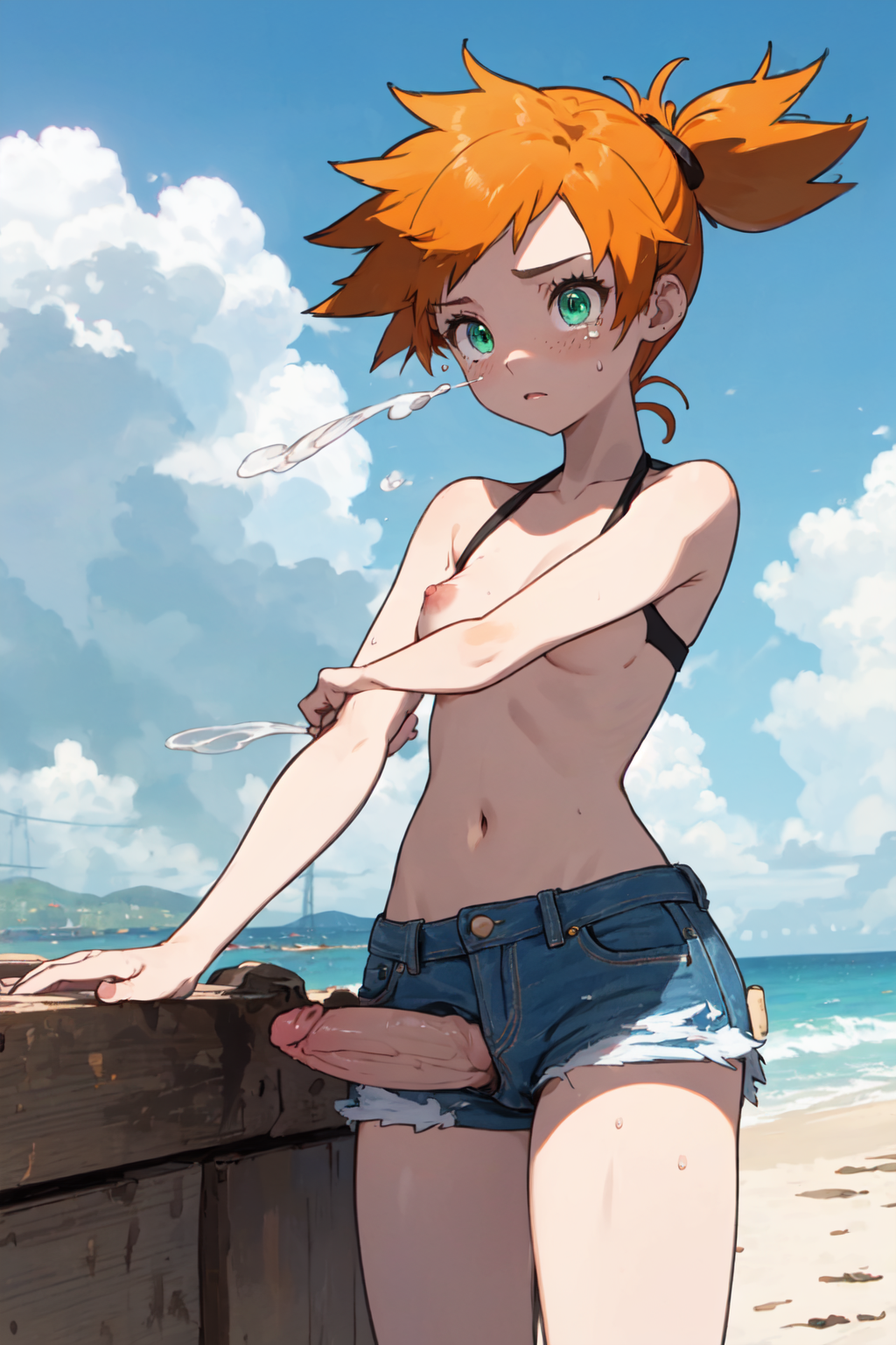 1futa 2020s 2023 ai_generated anime asymmetrical_hair bare_midriff beach belly_button blue_bottomwear blush breasts cloud clouds cock color day denim_shorts detailed_background dick embarrassed erect_penis erection erection_under_clothes exposed_penis freckles front_view futa_focus futa_only futanari game_freak glans green_eyes heroine hi_res highres kasumi_(pokemon) legs_together light-skinned_futanari light_skin looking_at_viewer manga medium_breasts misty_(pokemon) navel nipples ocean oceanic_dolphin orange_hair outdoors outside penis penis_out penis_through_bottomwear penis_through_fly pixai pokemon pokemon_(anime) pokemon_(game) pokemon_rgby sand shaded shiny_hair shiny_skin short_hair short_shorts shorts side_ponytail sky solo solo_focus solo_futa standing tears teenage_futa teenager tomboy topless topless_futanari video_game water