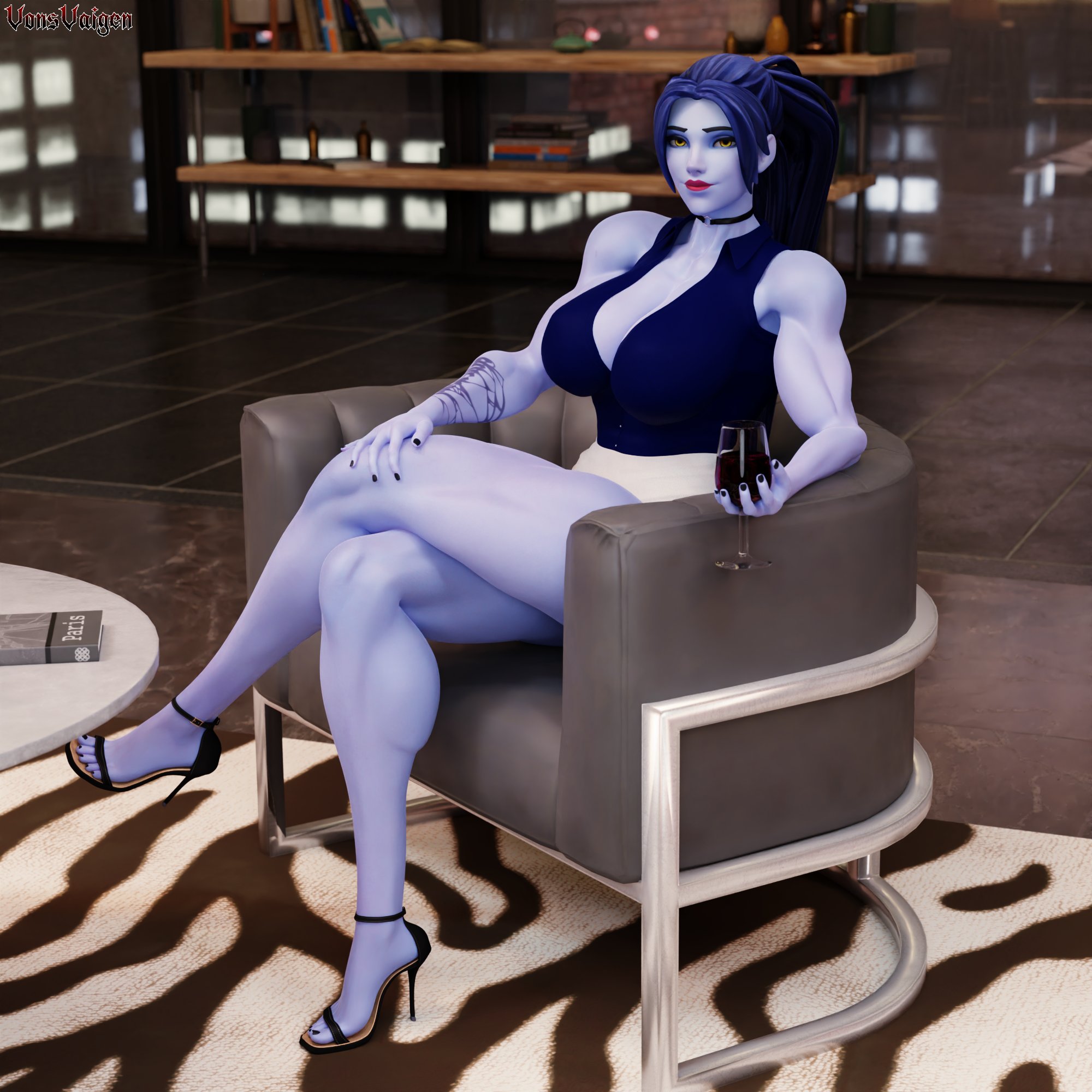 1girls, 3d, abs, amelie lacroix, ass, big ass, big breasts, blizzard entertainment, breasts, cleavage, dress, female, female only, fit, fit female, heels, high heels, long hair, looking at viewer, muscular, muscular female, open toe shoes, overwatch, overwatch 2, ponytail, purple skin, skirt, solo, tattoo, thick thighs, tight clothing, vonsvaigen, wide hips, widowmaker, wine glass, yellow eyes