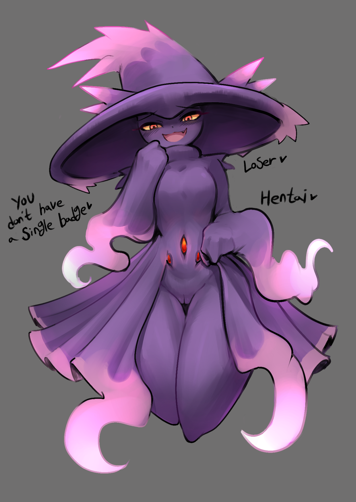 1girls, female, gipehtyboon, inviting to sex, looking at viewer, mismagius, nude, nude female, open mouth, pokemon, pokemon (species), pokemon dppt, pokephilia, pussy, red eyes, thick thighs, yboon