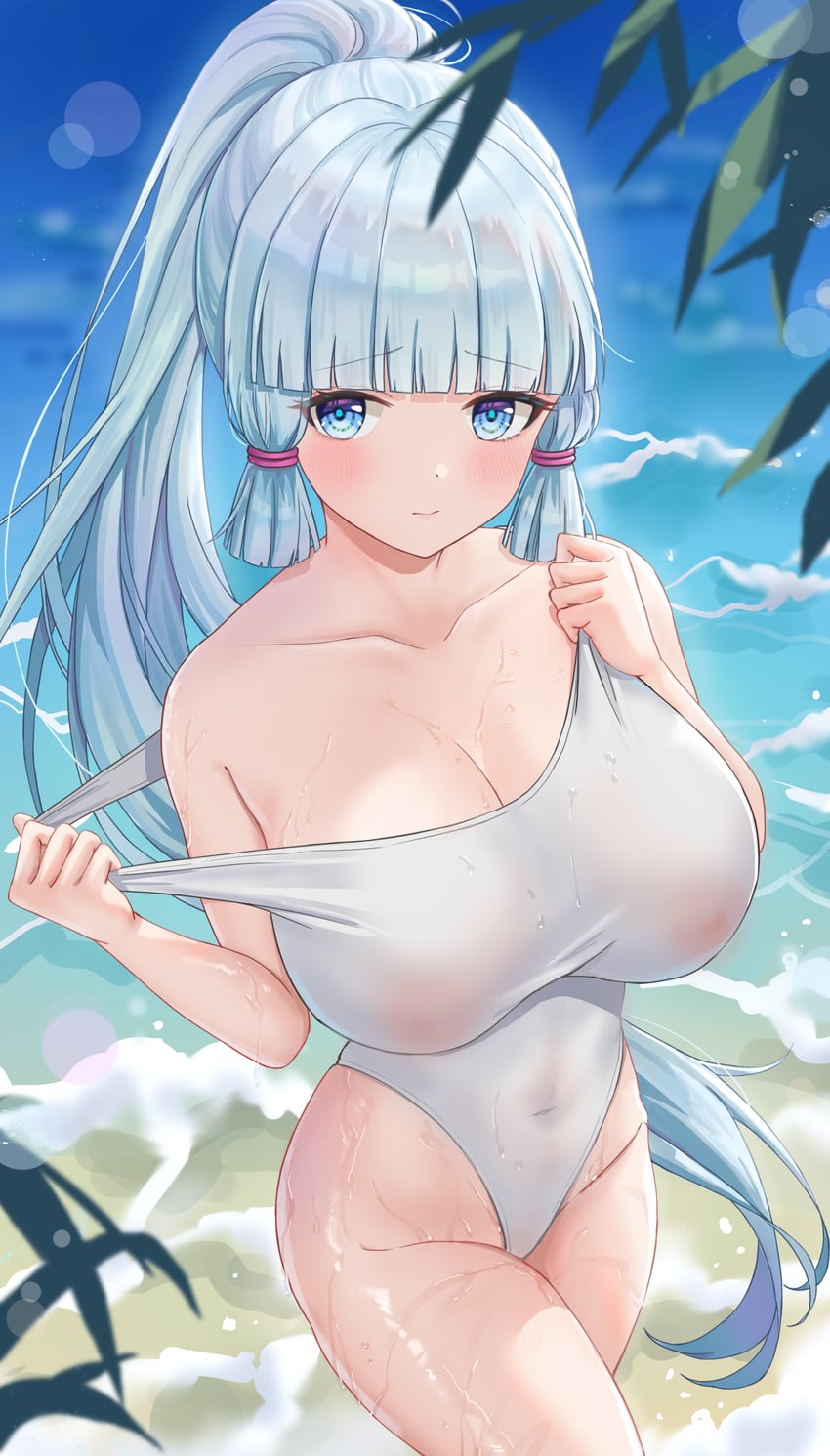 1girls big_breasts blue_eyes blunt_bangs cleavage collarbone covered_navel covered_nipples genshin_impact kamisato_ayaka ponytail pulling_clothing ronnie_z see-through see-through_clothing see-through_swimsuit swimsuit thighs undressing wet white_swimsuit