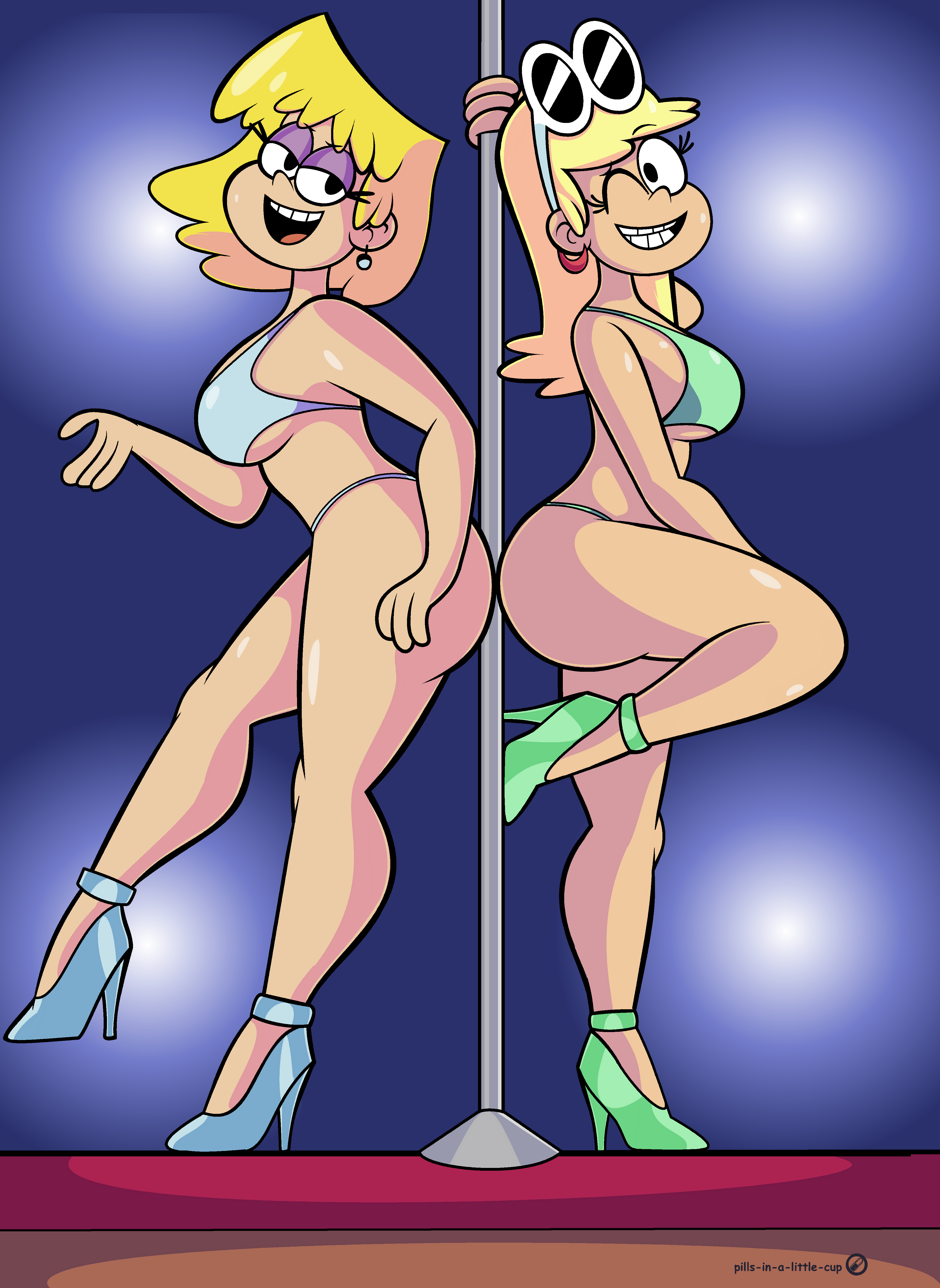 2girls, 8:11, ass, big ass, big breasts, bikini, bikini bottom, bikini top, blue bikini, blue bikini bottom, blue bikini top, breasts, female, female only, green bikini, green bikini bottom, green bikini top, happy, happy female, leni loud, light skin, light-skinned female, long hair, lori loud, multiple females, multiple girls, newgrounds, nickelodeon, pills-in-a-little-cup, short hair, stripper, stripper heels, stripper pole, the loud house, voluptuous, voluptuous female, wink, winking, winking at viewer
