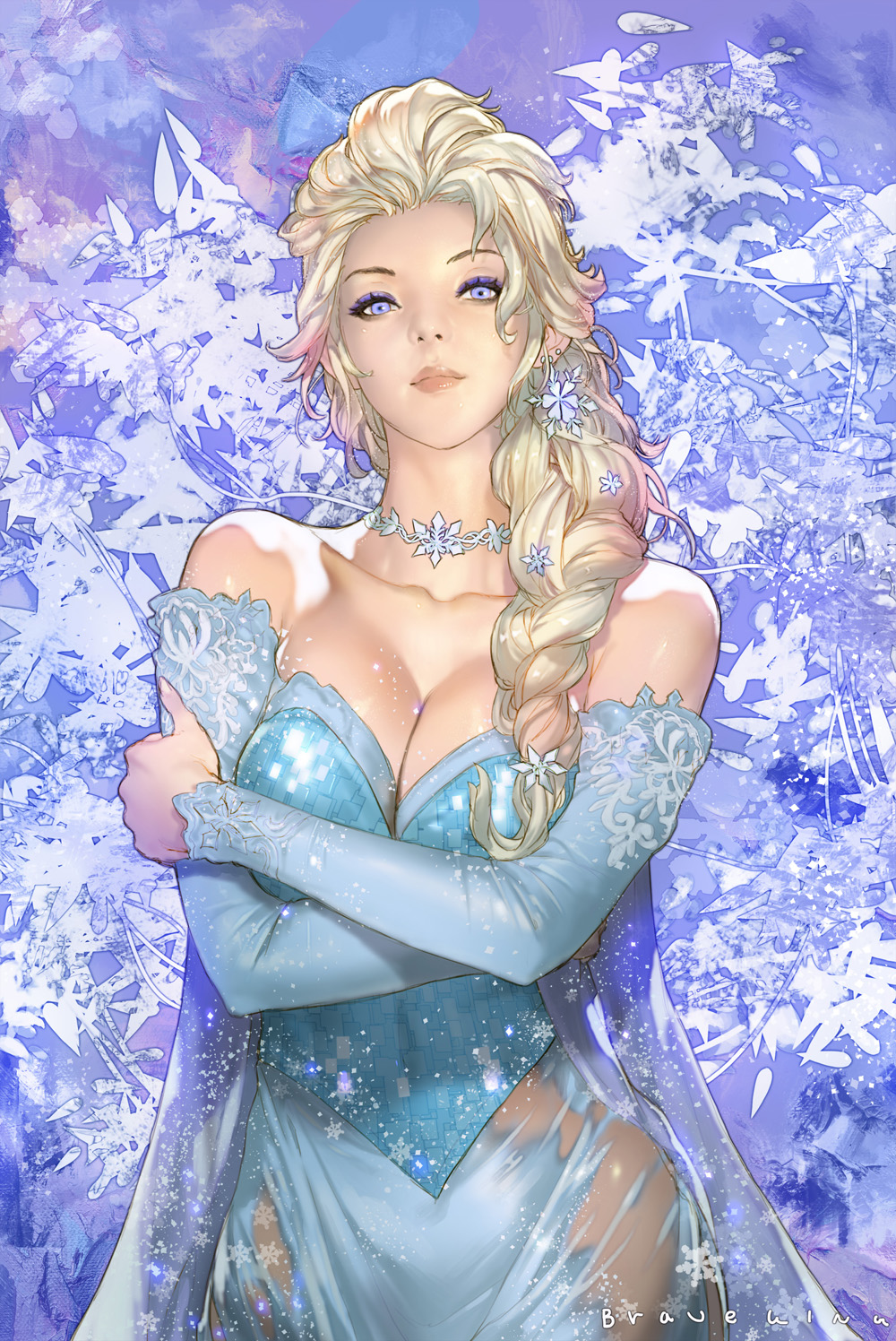 1girls, bare shoulders, blonde hair, braid, braveking, breasts, choker, cleavage, clothing, collarbone, crossed arms, detached sleeves, dress, elsa (frozen), eyelashes, eyeshadow, female, frozen (film), hair ornament, hair over shoulder, highres, jewelry, large breasts, lips, long hair, looking at viewer, makeup, necklace, nose, purple eyes, realistic, see-through, sequins, shiny skin, single braid, snowflakes, solo, solo female, strapless, strapless dress