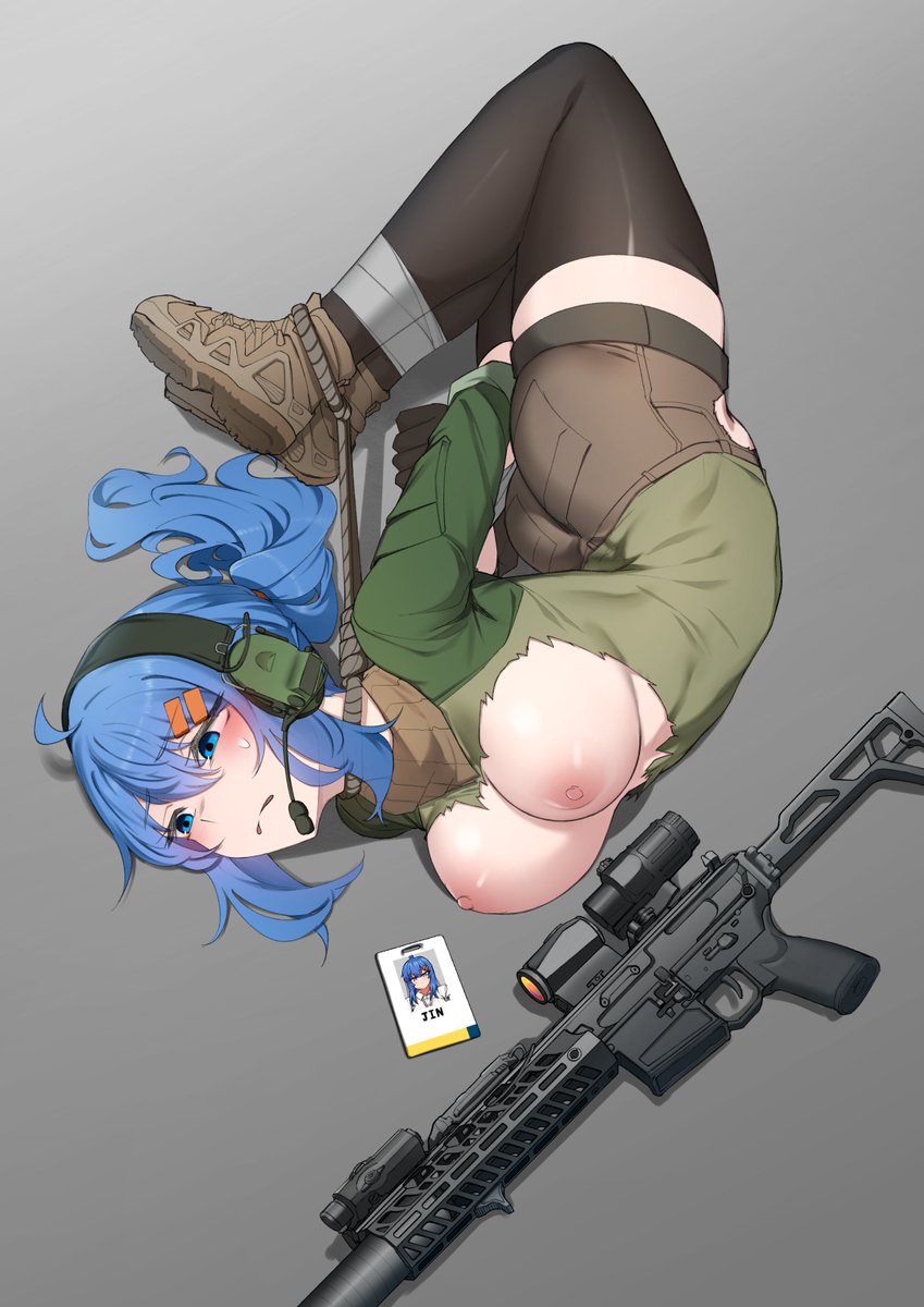 1girls blue_hair bondage character_request defeated escape_from_tarkov female female_focus female_only gun k0ng kongthegrain light_skin military military_uniform shorts thighhighs