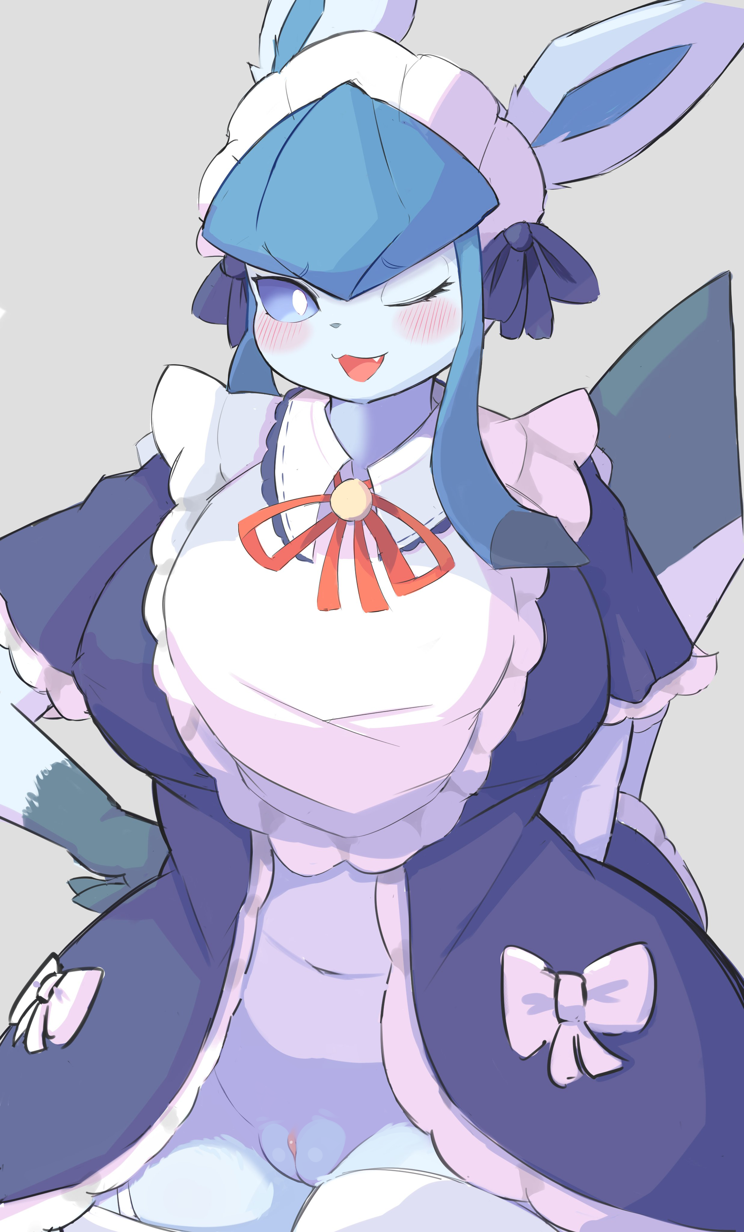 1girls, blue body, blue eyes, blue hair, blue skin, blush, blush lines, blushing at viewer, female, female focus, female only, glaceon, looking at viewer, maid, maid headdress, maid uniform, nojaaaaaaaarori, pokemon, pokemon (species), pokephilia, solo, solo female, solo focus, tea party style glaceon, wink