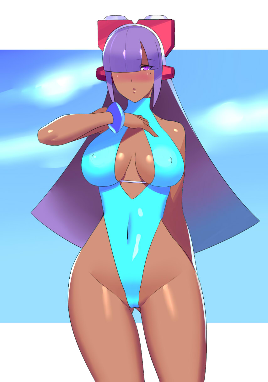 1girls blue_swimsuit blue_swimwear dark-skinned_female hips layer mega_man mega_man_x navel one_eye_covered one_piece_swimsuit purple_hair swimsuit thighs ukimukai