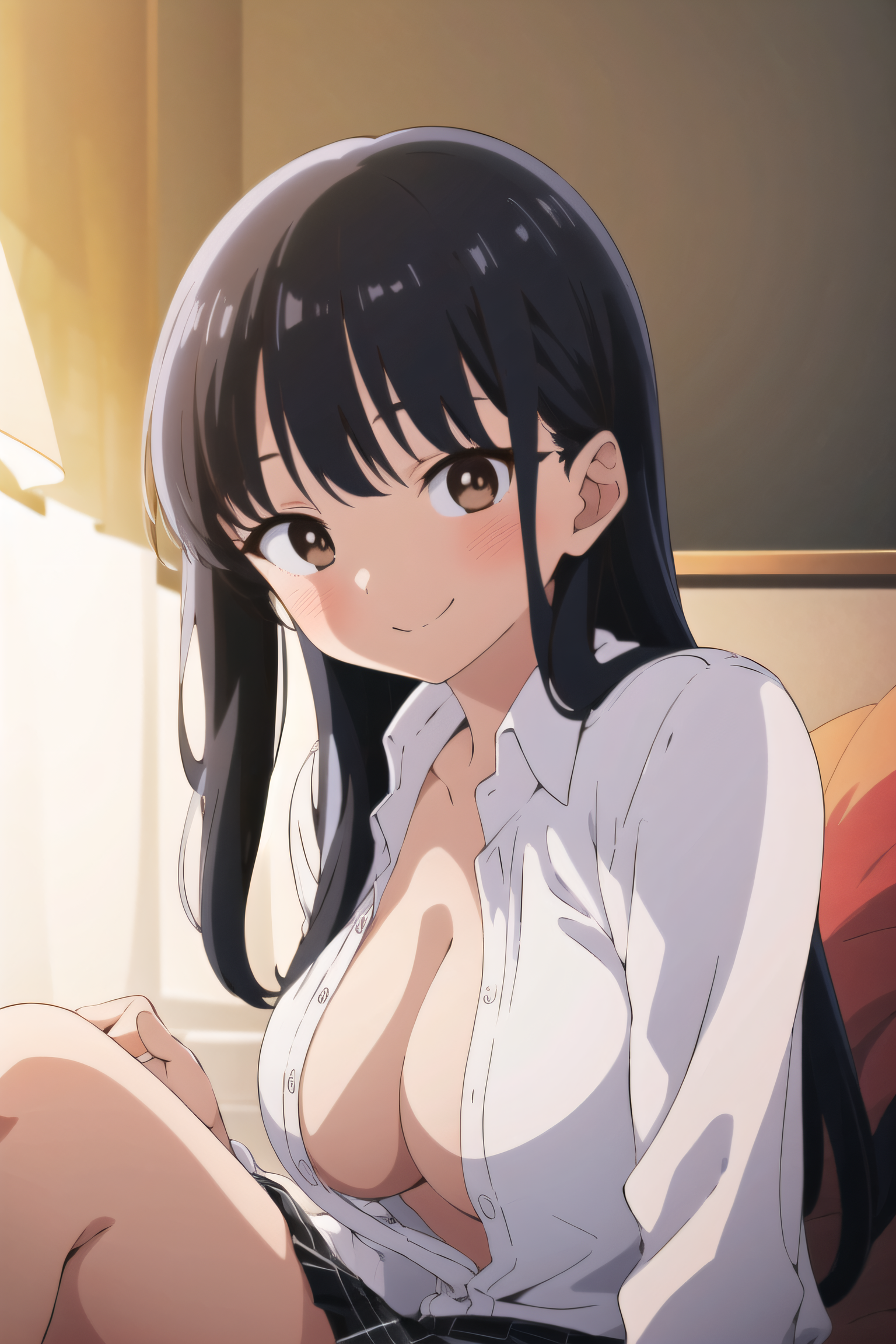 ai generated, bangs, black hair, black skirt, blush, boku no kokoro no yabai yatsu, breasts, brown eyes, cleavage, closed mouth, collarbone, collared shirt, dress shirt, female, large breasts, long hair, long sleeves, looking at viewer, open clothes, open shirt, partially unbuttoned, pleated skirt, shirt, sitting, skirt, smile, solo, stable diffusion, unbuttoned, white shirt, yamada anna
