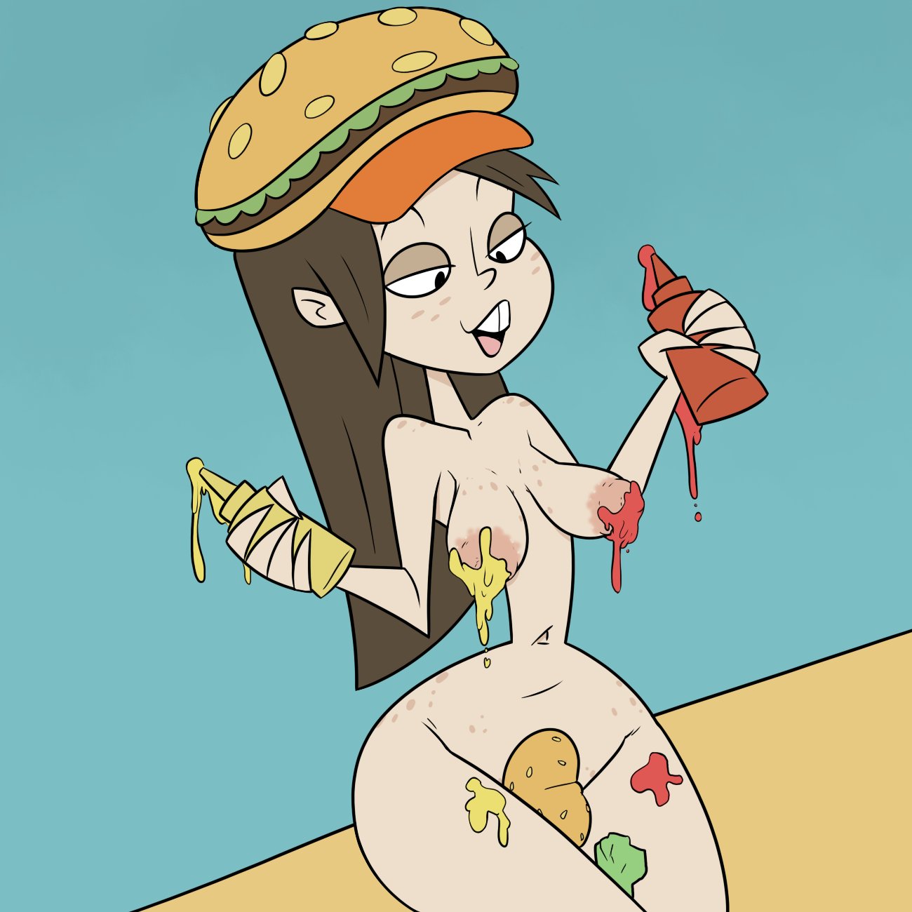 1girls brown_hair buckteeth burger_hat dan_vs. dark_brown_hair female_only freckles freckles_on_face hat_only headwear_only hortense human_only long_hair mustard naked_hat naked_headwear nude_female solo terrible_the_drawfag