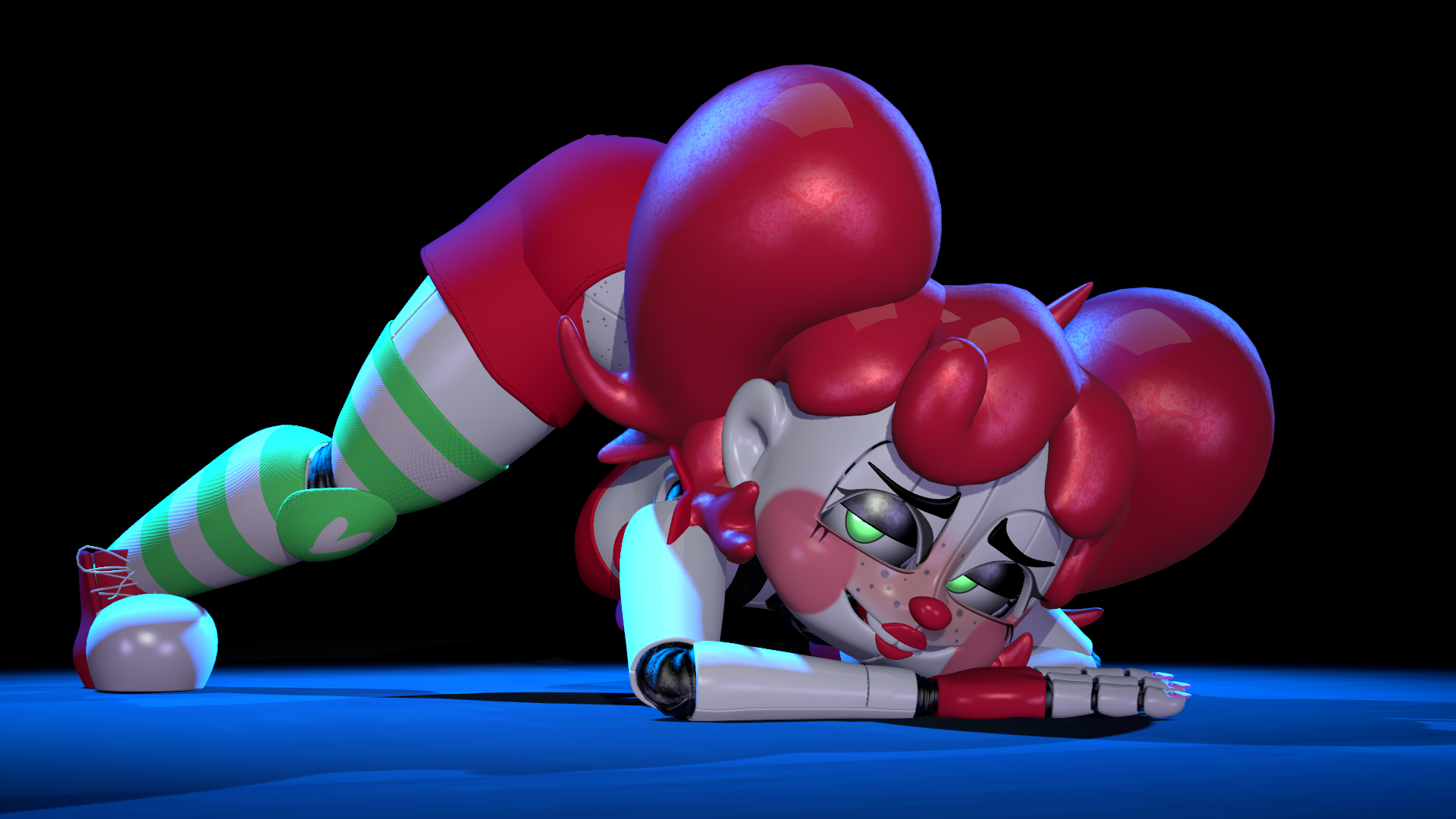 3d, animatronic, animatronic female, animatronic girl, baby (fnafsl), circus baby, circus baby (fnaf), clown, clown girl, female, female only, fingerless gloves, five nights at freddy's, five nights at freddy's: sister location, green eyes, haunted, jack-o pose, possessed, red hair, robot, robot girl, shirt, shoes, shorts, sister location, so87baby, solo, summer baby (rynfox), summer of 87 baby, thighhighs, twintails