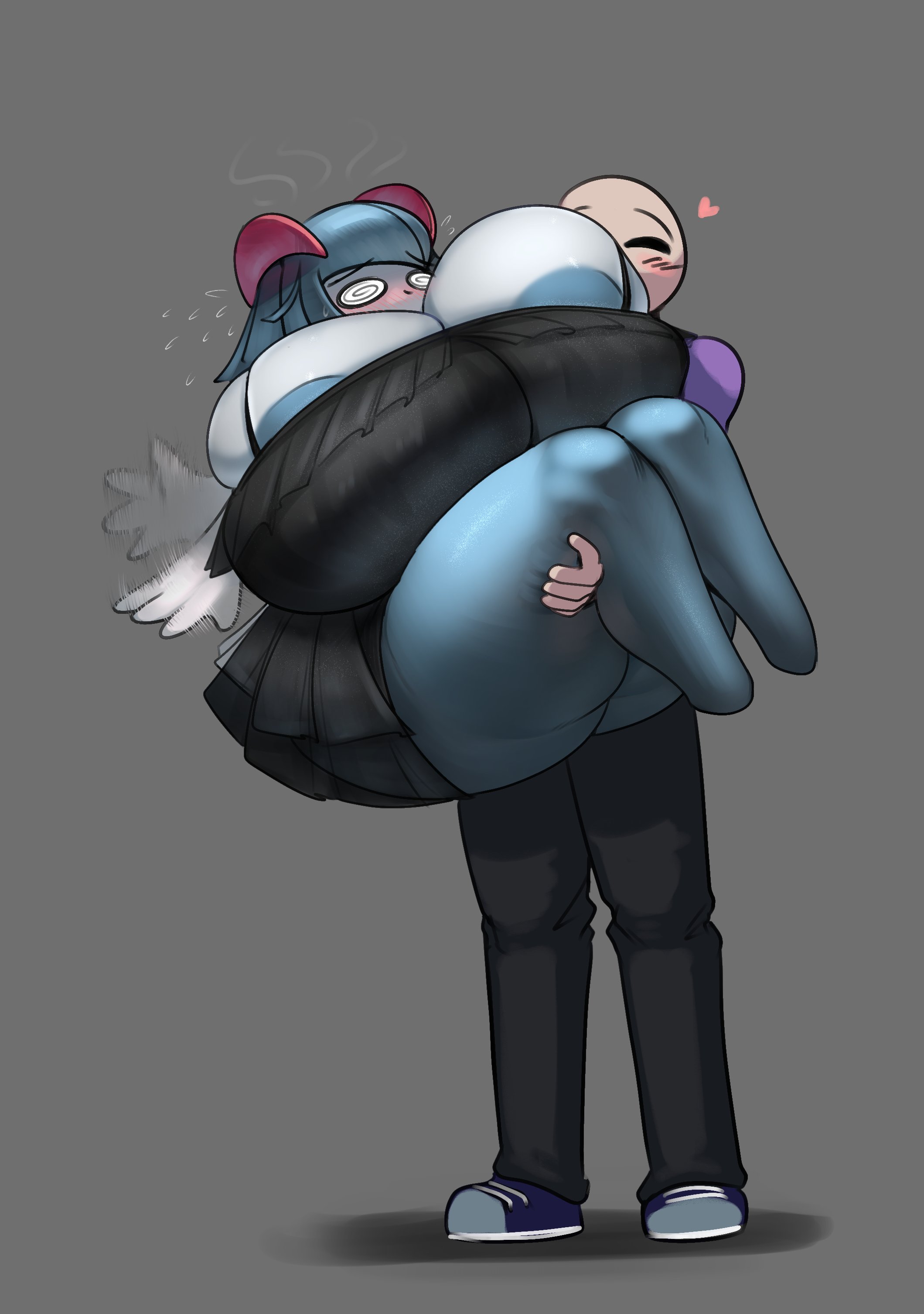 1boy, 1girls, 2023, anthro, areola slip, ass, barely contained, barely contained breasts, big ass, big breasts, blue hair, blue nipples, breasts, carrying, dress, ellia (yboon), embarrassed, female, generation 3 pokemon, gipehtyboon, hi res, huge ass, huge breasts, human, human on anthro, kirlia, male, multicolored body, nintendo, pokemon, pokemon (species), shiny pokemon, shortstack, shy, simple background, wholesome, yboon