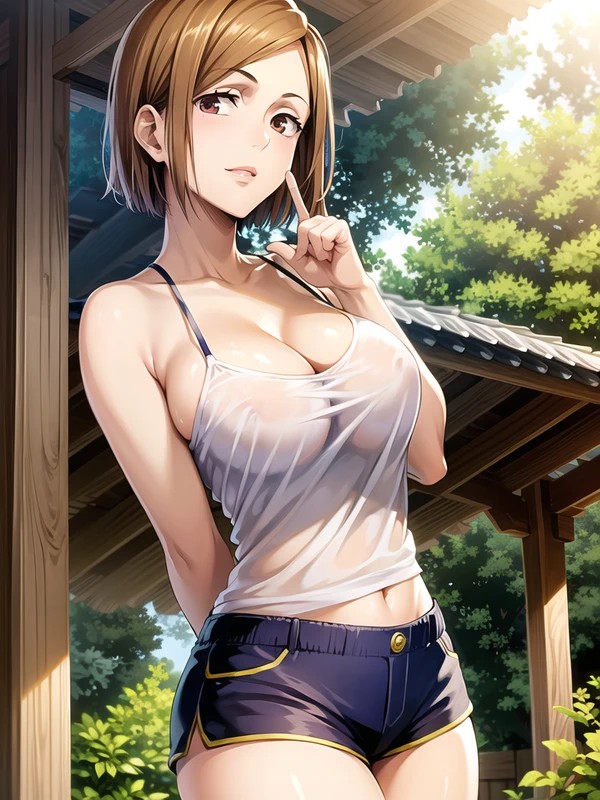 1girls, ai generated, artist request, belly button, female, female only, human, jujutsu kaisen, kugisaki nobara, see-through clothing, see-through top, short shorts, shorts, solo