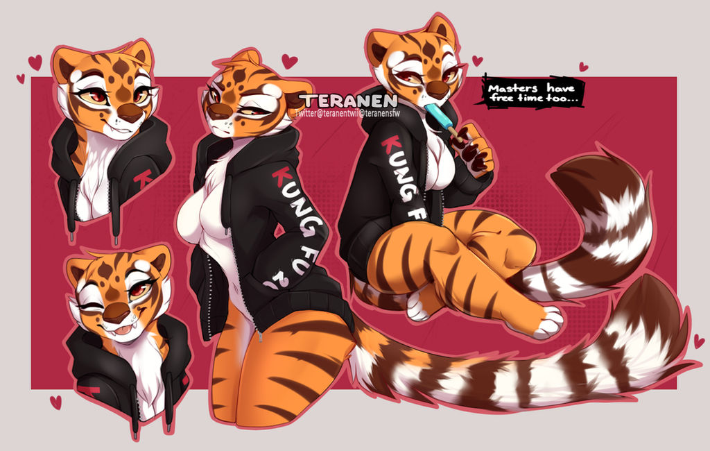 anthro, female, furry, jacket, kung fu panda, master tigress, orange fur, popsicle, signature, speech bubble, teranen, text, winking at viewer
