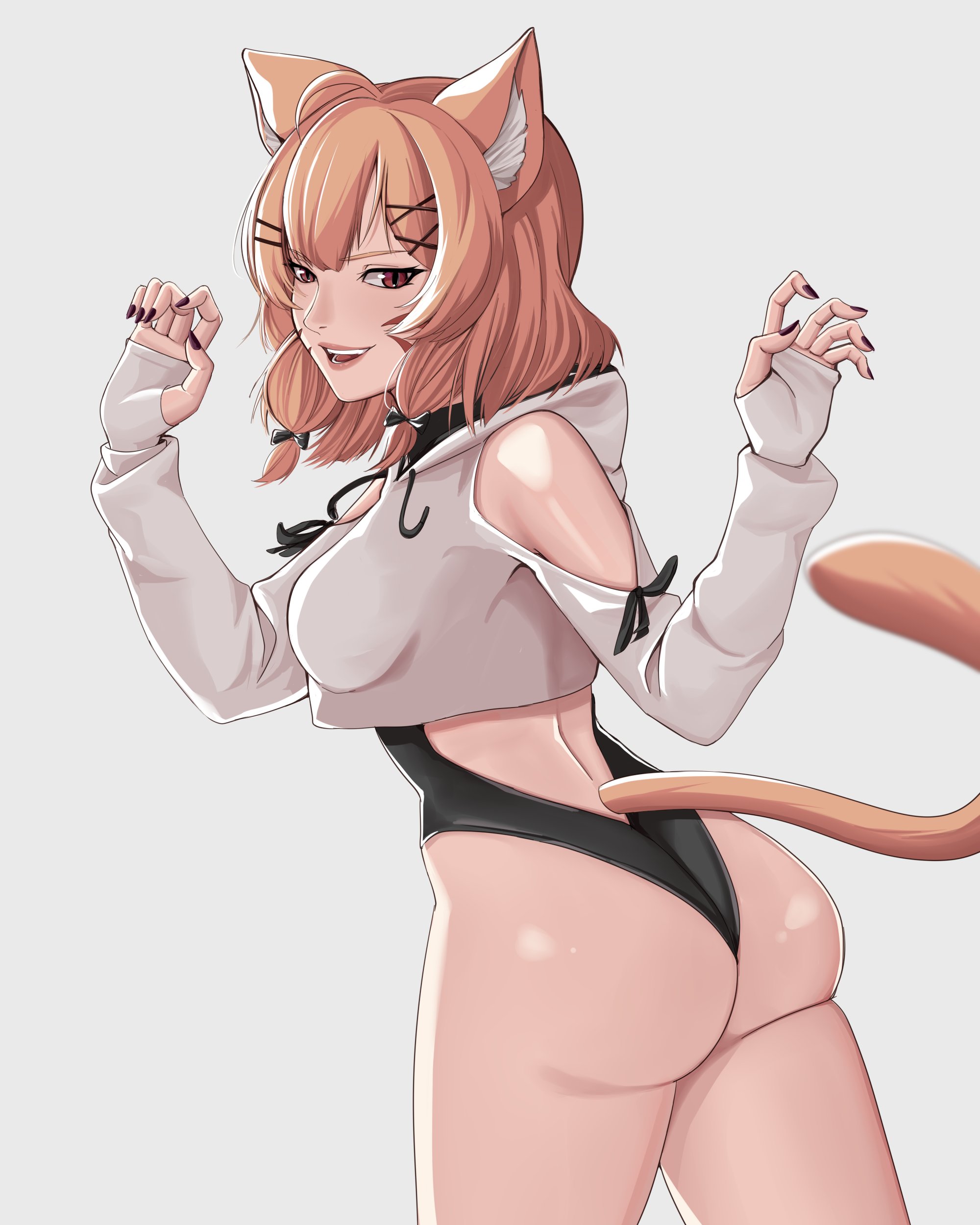 1girls, animal ears, ass, bangs, blonde hair, blush, breasts, brown hair, cat ears, cat girl, cat tail, catgirl, choker, claw pose, cowboy shot, crop top, cropped hoodie, detached sleeves, face markings, fangs, female, fingerless gloves, fingernails, gloves, grey background, hair ornament, hairclip, hood, hoodie, large breasts, leotard, long sleeves, looking at viewer, looking back, medium breasts, nail polish, open mouth, pink nails, red eyes, short hair, simple background, smile, solo, squchan (vtuber), striped, striped background, tail, teeth, thighs, vertical stripes, virtual youtuber, vyugen