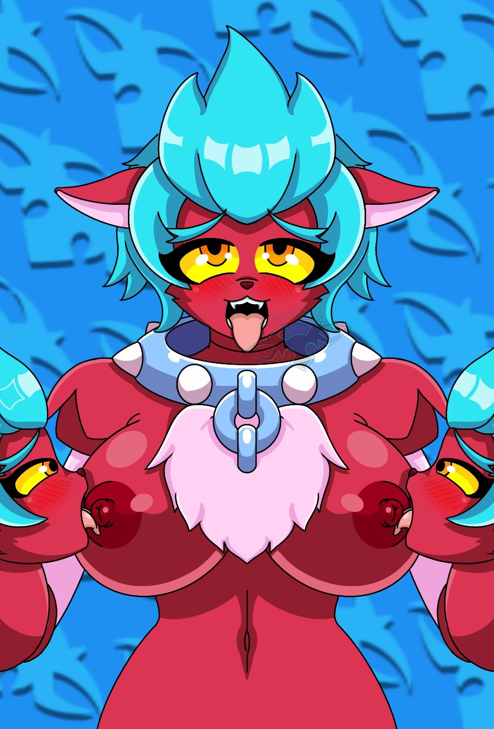 1girls 3_heads ahe_gao alternate_version_available blue_hair brawl_stars collar conjoined floppy_ears gabviz head_hands multi_head nipple_licking red_skin rule_63 tick_(brawl_stars)