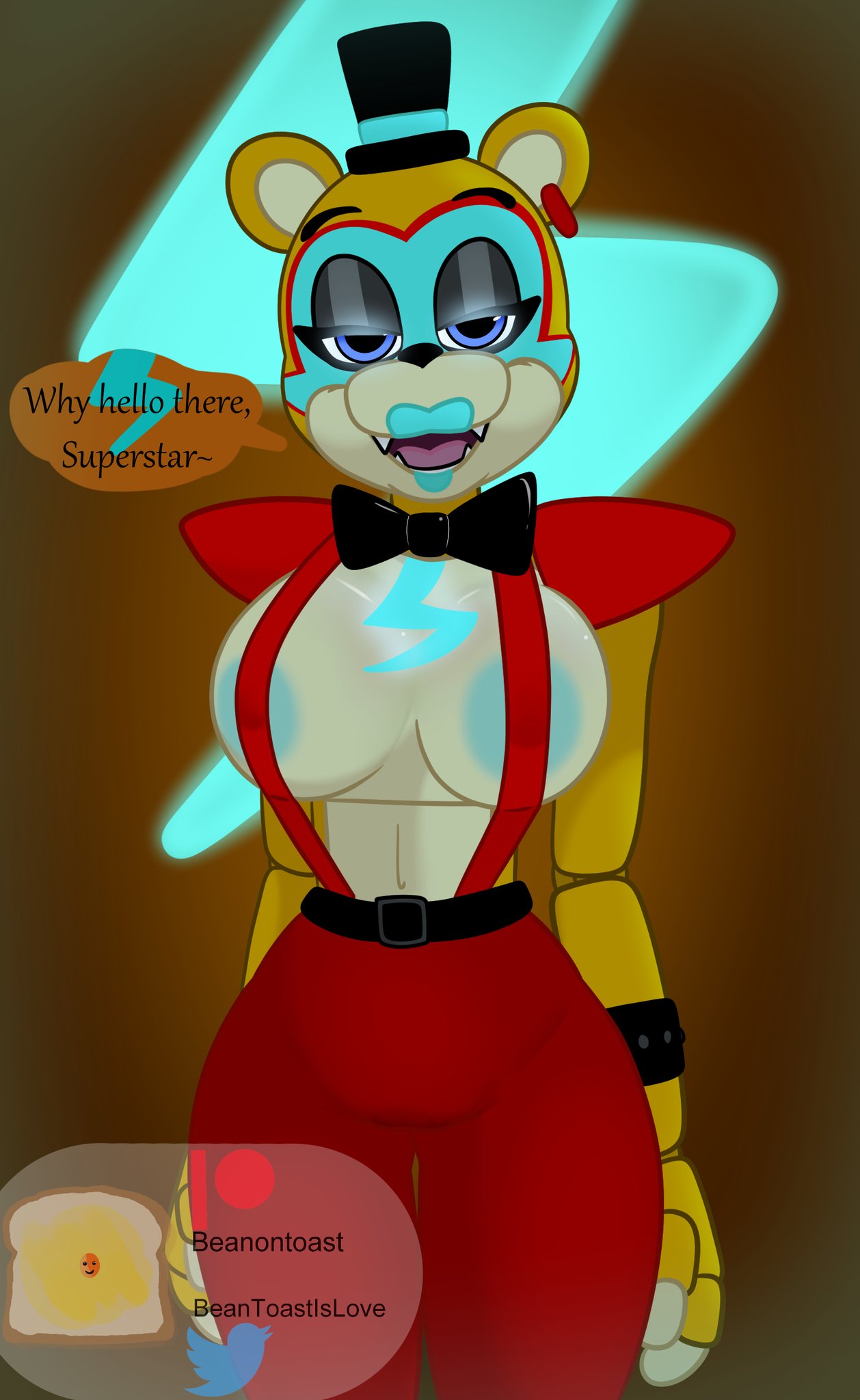 1girls, 2023, 2d, 2d (artwork), 4 fingers, accessory, animatronic, anthro, anthrofied, areolae, ass, barely contained breasts, beanontoast, bear, bear ears, belt, big areola, big ass, big breasts, big butt, blue eyes, bottomwear, bowtie, bracelet, breasts, breasts bigger than torso, chest markings, covered nipples, curvaceous, curvy, curvy female, curvy figure, digital drawing (artwork), digital media (artwork), ear piercing, english text, eyebrows, eyelashes, eyeshadow, facepaint, female, female only, fit, fit female, five nights at freddy's, five nights at freddy's: security breach, fnaf, genderswap, genderswap (mtf), glamrock freddy (fnaf), glowing eyes, half-closed eyes, hi res, hourglass figure, huge ass, huge breasts, joints, lipstick, looking at viewer, makeup, mascara, narrowed eyes, nipple bulge, nipple slip, nipples, nipples visible through clothing, open mouth, pants, partially clothed, raised eyebrows, robot, robot girl, robot joints, rule 63, seducing, seductive, seductive look, seductive smile, sharp teeth, shoulder pads, smile, smiling, smiling at viewer, solo, spiked bracelet, standing, suggestive, suspenders, tagme, teeth, teeth showing, text, thick thighs, thigh gap, tongue, top hat, topless, upper body, wide hips