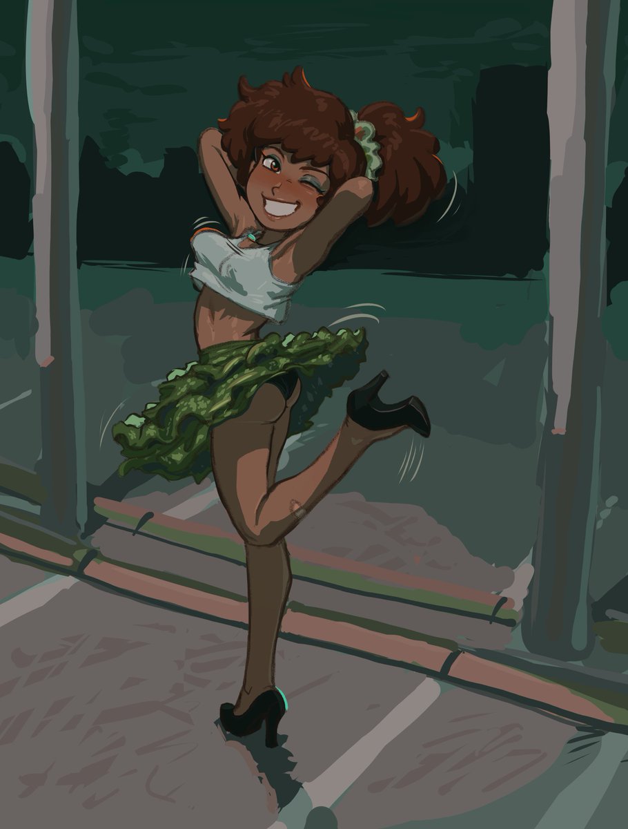 amphibia amphibia_(finale) anne_boonchuy ass blush bouncing_breasts breasts crop_top dancing dark_skin hair_tie heels leg_up panties pears_(artist) poofy_hair skirt_up smiling teeth thai winking