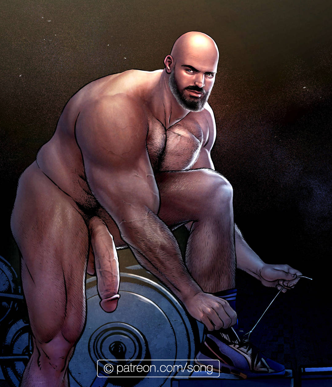 abs arm_hair bald balls bara beard big_pecs big_penis chest_hair daddy dilf erection hairy hairy_male happy_trail human inkolloart leg_hair male male_only moustache muscular muscular_human muscular_male navel nipples nude pecs penis pubes shoes solo tying tying_shoes