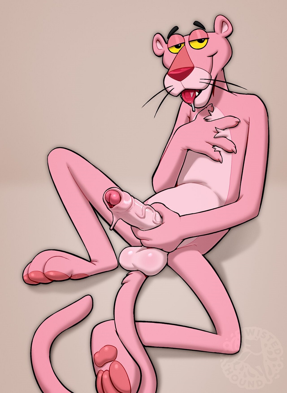 amazon_studios anthro bedroom_eyes bodily_fluids depatie-freleng_enterprises dripping erection fangs fur gay genital_fluids genitals hi_res humanoid_genitalia humanoid_penis looking_at_viewer male masturbation metro-goldwyn-mayer multicolored_body multicolored_fur narrowed_eyes pawpads penis pink_body pink_fur pink_panther pink_panther_(series) precum precum_drip saliva saliva_drip seductive simple_background solo teeth tongue tongue_out twistedhound two_tone_body two_tone_fur vein veiny_penis whiskers yellow_eyes