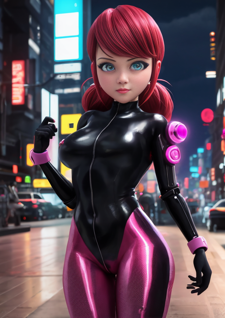 1girls ai_generated alternate_hair_color big_breasts bodysuit detailed_background female female_only longjohnsingleduct marinette_cheng marinette_dupain-cheng miraculous_ladybug public red_hair shiny skintight solo