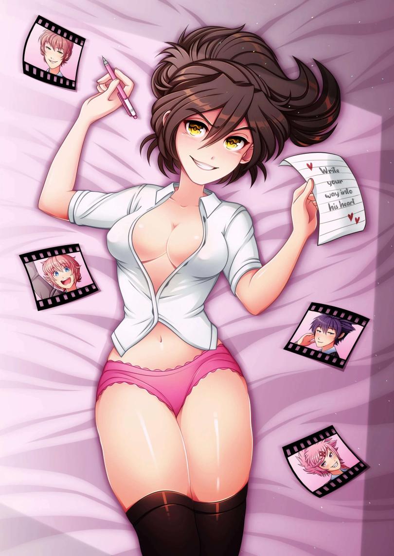 5_fingers breasts brown_hair cleavage doki_doki_literature_club femc_(doki_doki_literature_club) genderswap heart hearts mc_(doki_doki_literature_club!) no_bra panties picture_(object) pink_panties red_heart red_hearts rule_63 shiny_skin shiny_thighs smile smiling solo_focus thighhighs thighs unknown_artist unknown_source yellow_eyes