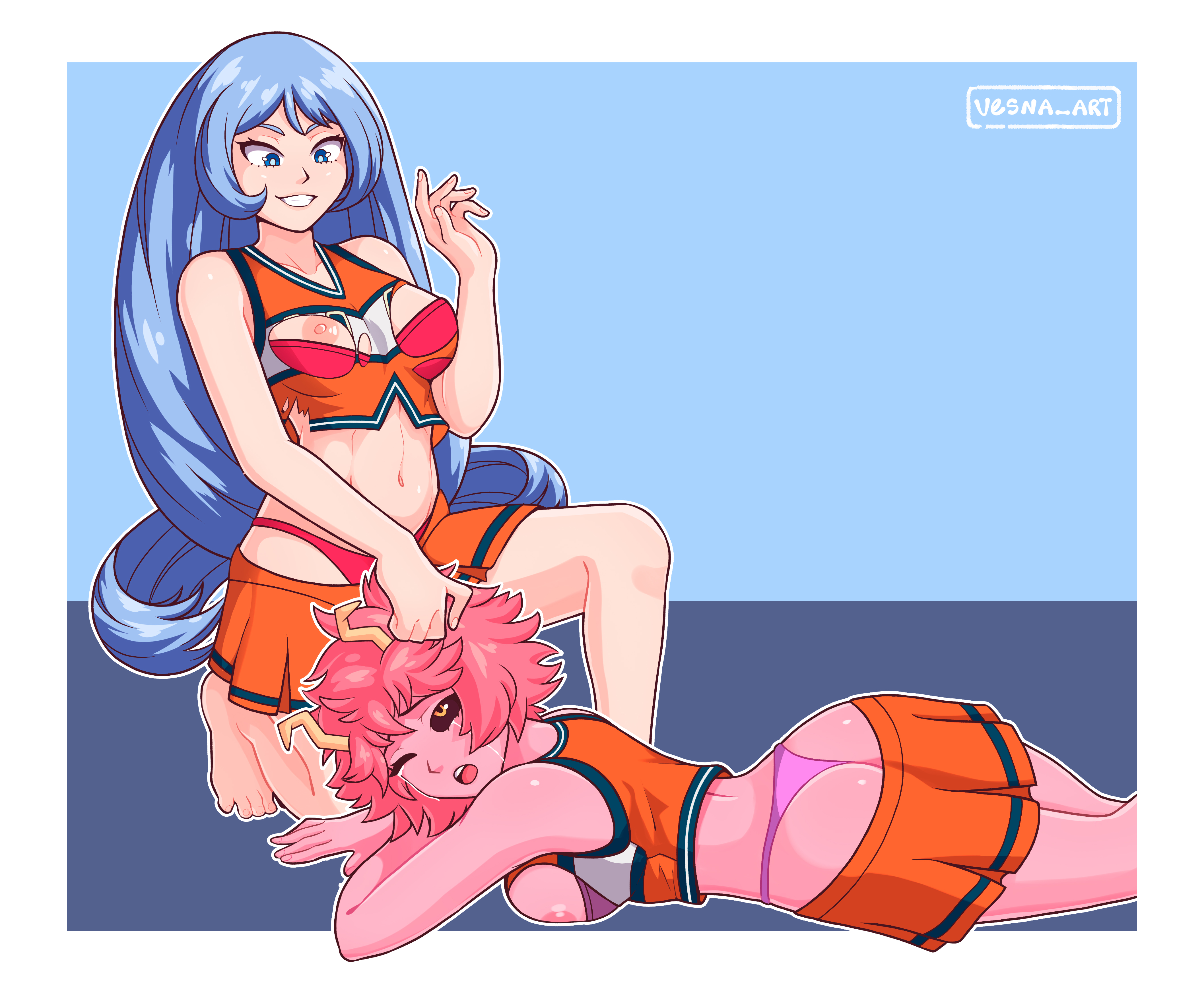 2girls, ashido mina, blue hair, blue-haired female, bra, cheerleader, cheerleader uniform, crying, crying with eyes open, face down ass up, female, hadou nejire, kneeling, lying, lying down, lying on stomach, mina ashido, multiple females, multiple girls, my hero academia, nejire hado, nipples, pink hair, pink-haired female, submission, submissive, teasing, thong, torn clothes, torn clothing, u.a. cheerleader outfit, vesna art