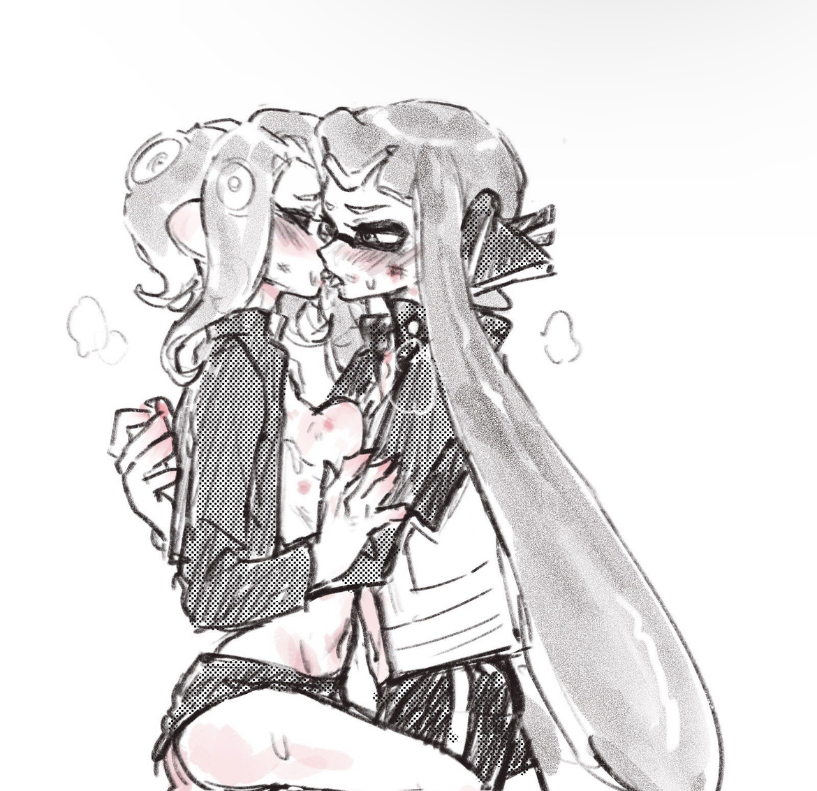 after kiss, agent 3 (splatoon), agent 8 (splatoon), blush, breast press, breasts, bruise, cephalopod humanoid, closed eyes, female, french kiss, humanoid, inkling, inkling girl, interspecies, kissing, long hair, midriff, octoling, octoling girl, open clothes, short hair, splatoon, splatoon (series), thenintlichen96, undressing, yuri
