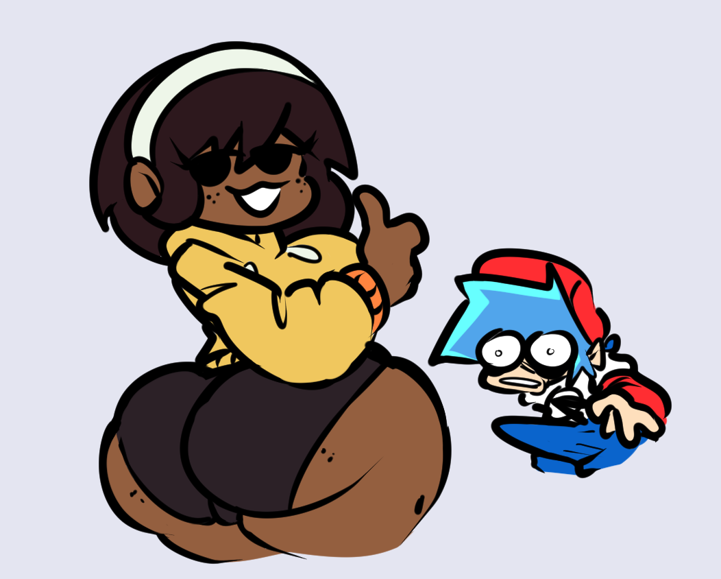 ass, boner alert, boner in pants, boyfriend (friday night funkin), brown hair, brown skin, bulge, bulging eyes, cyan hair, erection, erection under clothes, female, friday night funkin, friday night funkin mod, girlfriend (friday media showdown), girlfriend (friday night funkin), shocked, shocked expression, thick, thick ass, thick thighs, thumbs up