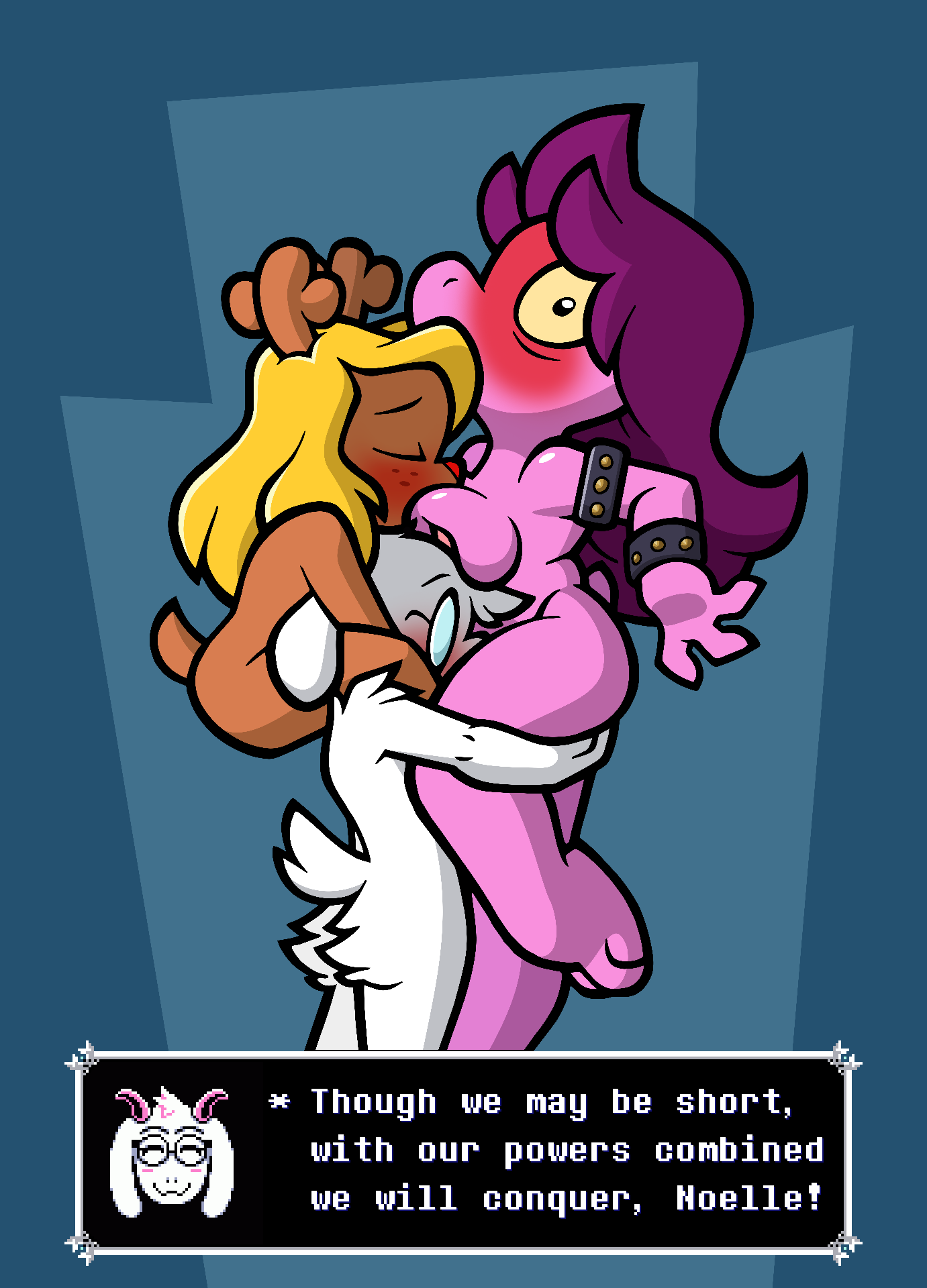 anthro blush bovid caprine deer deltarune female female/female fluffy_butt goat group group_sex hi_res leather_bracelet male male/female mammal noelle_holiday ralsei sex size_difference surprise susie_(deltarune) threesome toonbat trio undertale_(series)