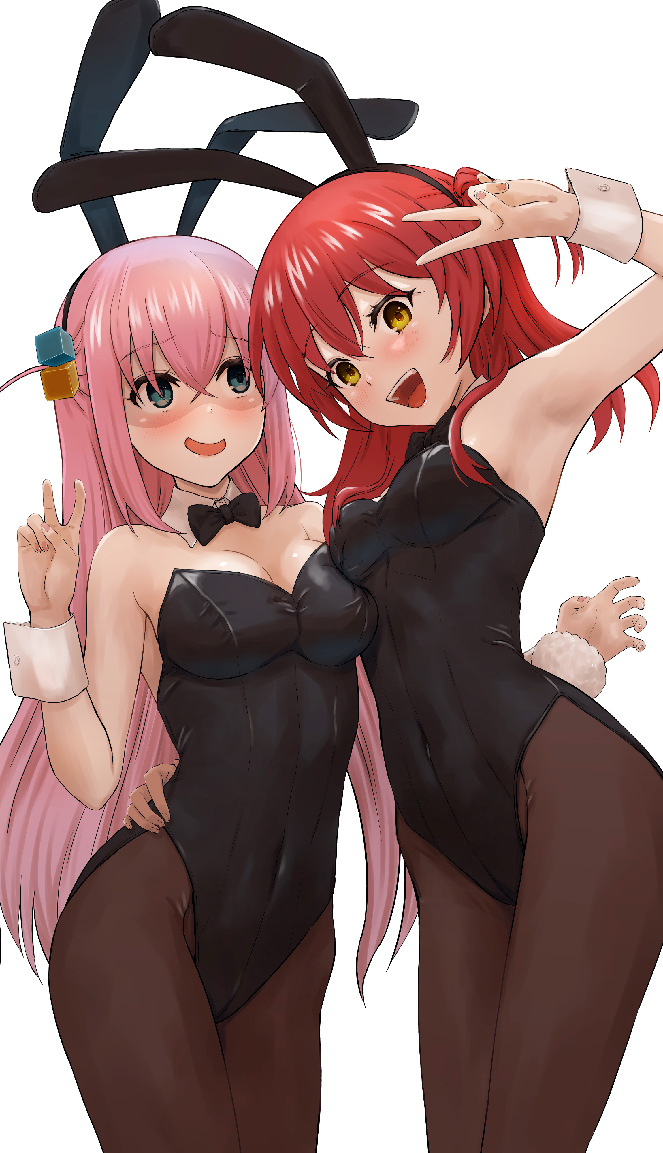 2girls, absurdres, alternate costume, animal ears, arm up, armpits, bare shoulders, blue eyes, blush, bocchi the rock!, breast press, breasts, commentary request, fake animal ears, female, gotou hitori, highres, kita ikuyo, leotard, long hair, looking at viewer, medium breasts, multiple females, multiple girls, open mouth, pink hair, playboy bunny, rabbit ears, red hair, sasasa r 23, small breasts, smile, yellow eyes