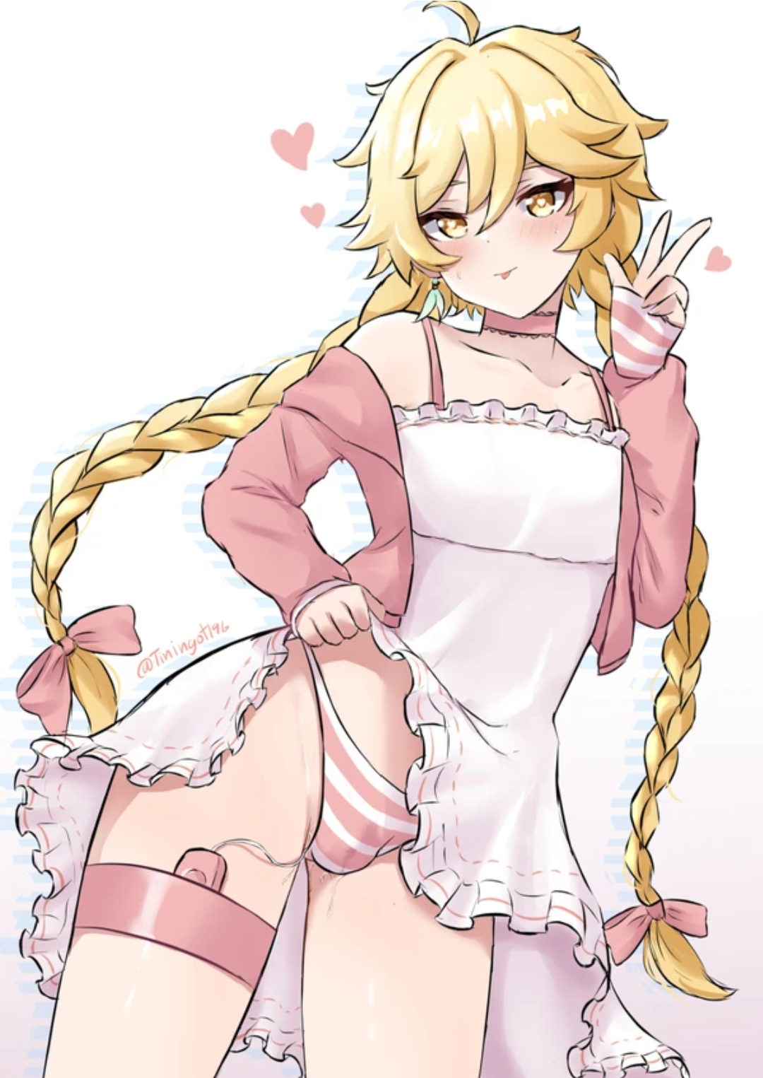 1boy, aether (genshin impact), blonde hair, braided hair, femboy, genshin impact, looking at viewer, male, male focus, male only, mihoyo, panties, pink panties, sex toy, solo, striped panties, tiningot196, vibrator, vibrator in ass, white background, white dress