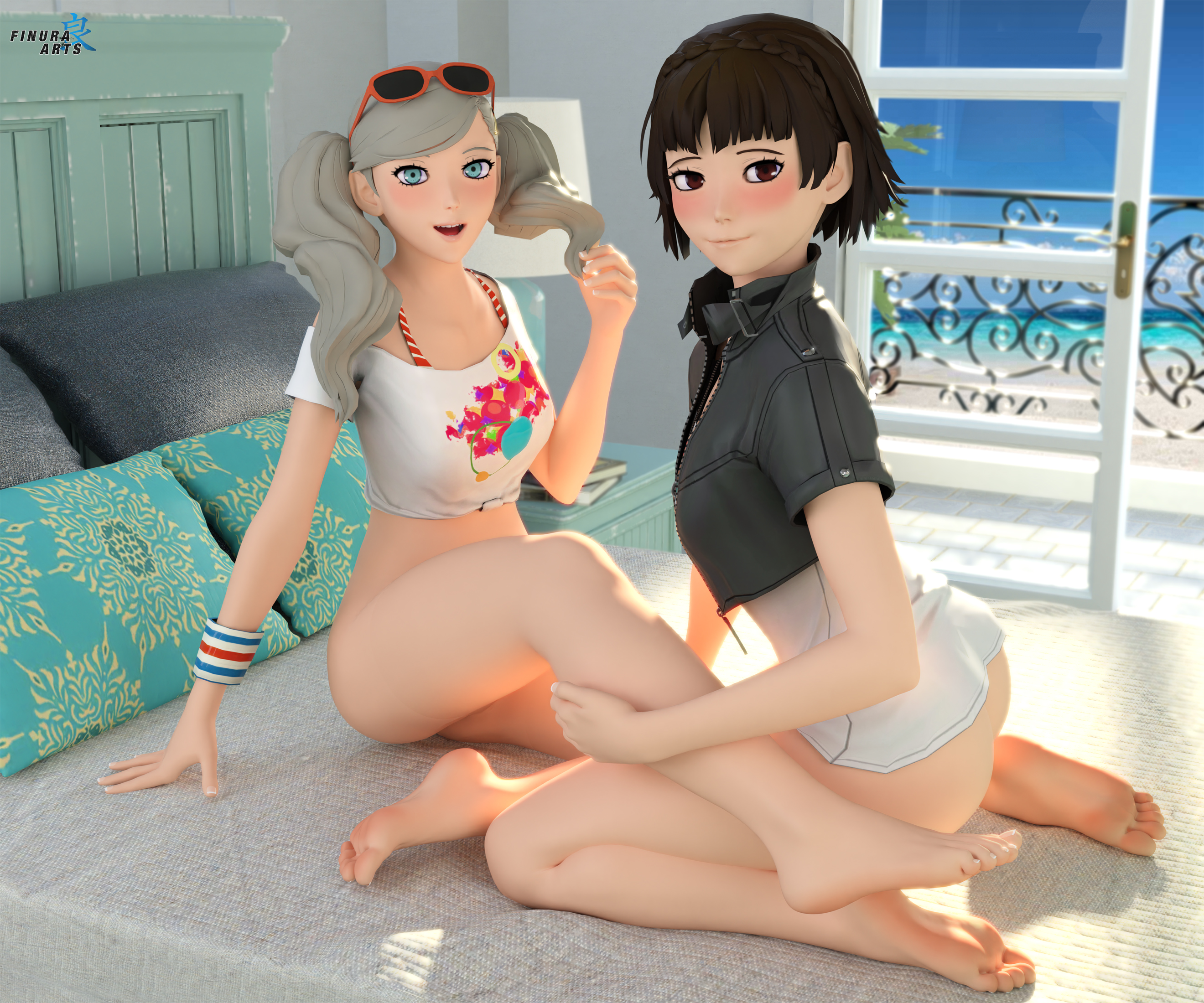 2girls, 3d, ann takamaki, ann takamaki (strikers casual), ass, bed, black jacket, blonde hair, books, bottomless, breasts, brown eyes, brown hair, crown braid, female, finura arts, green eyes, indoors, jacket, lamp, looking at viewer, makoto niijima, makoto niijima (strikers casual), medium breasts, nightstand, on bed, persona, persona 5, persona 5 scramble: the phantom strikers, pillow, shirt, short hair, sitting on bed, sunglasses, sunglasses on head, tank top, twintails, white shirt, white tank top, wristband