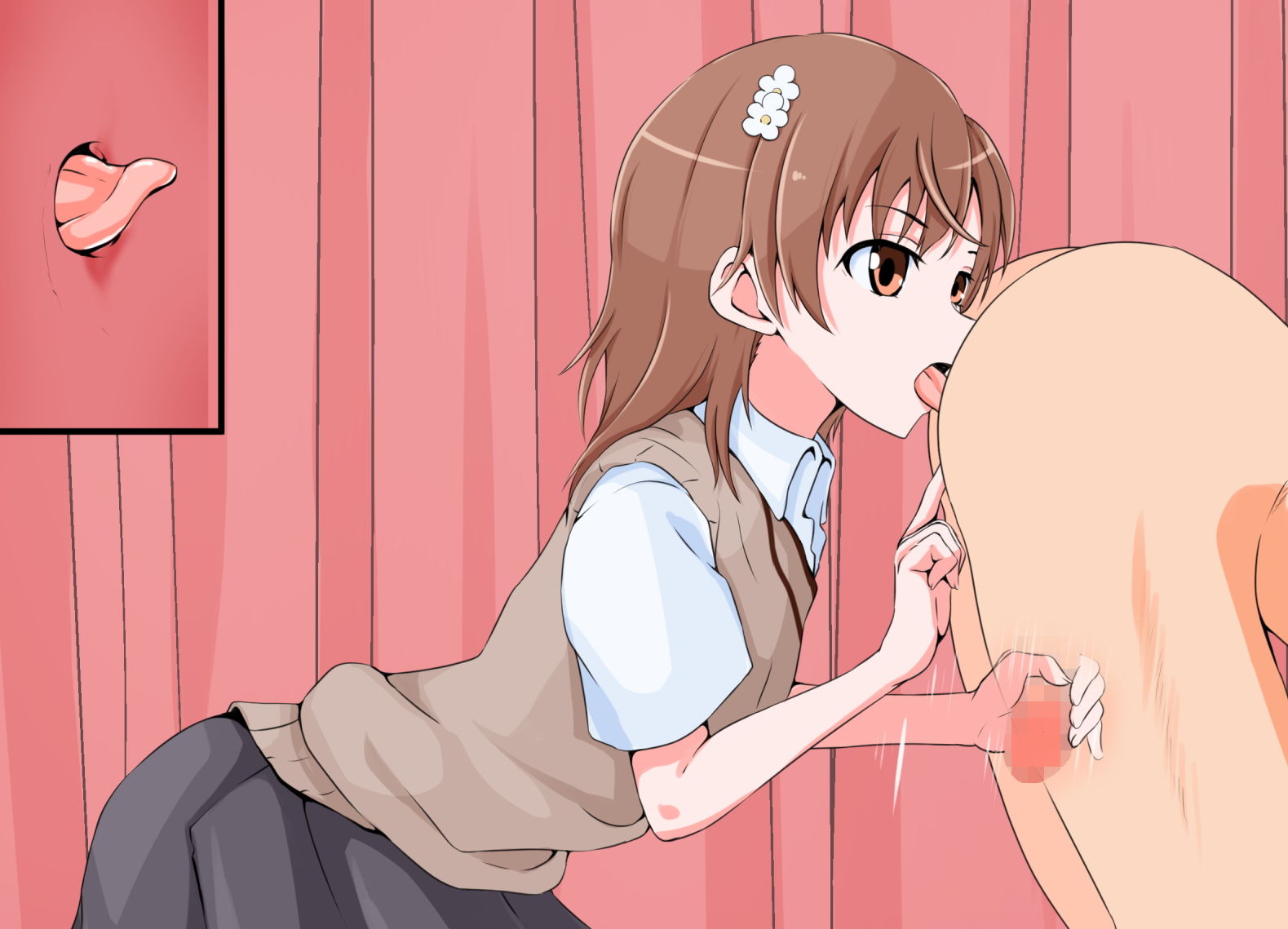 1boy, 1girls, anal, ass, bare ass, bare thighs, bent over, brown eyes, brown hair, censored, clothed, clothed female, clothed female nude male, completely nude, doujin shimei, erection, faceless male, female, female focus, hair flower, hair ornament, handjob, indoors, licking, licking anus, male, male anilingus, male penetrated, male/female, matching hair/eyes, misaka mikoto, mosaic censoring, nude, nude male, open mouth, oral, penis, rimming, rimming male, school uniform, schoolgirl, short hair, teenage female, teenager, thighs, to aru kagaku no railgun, to aru majutsu no index, tokiwadai school uniform, tongue, tongue in anus, tongue out, x-ray, young