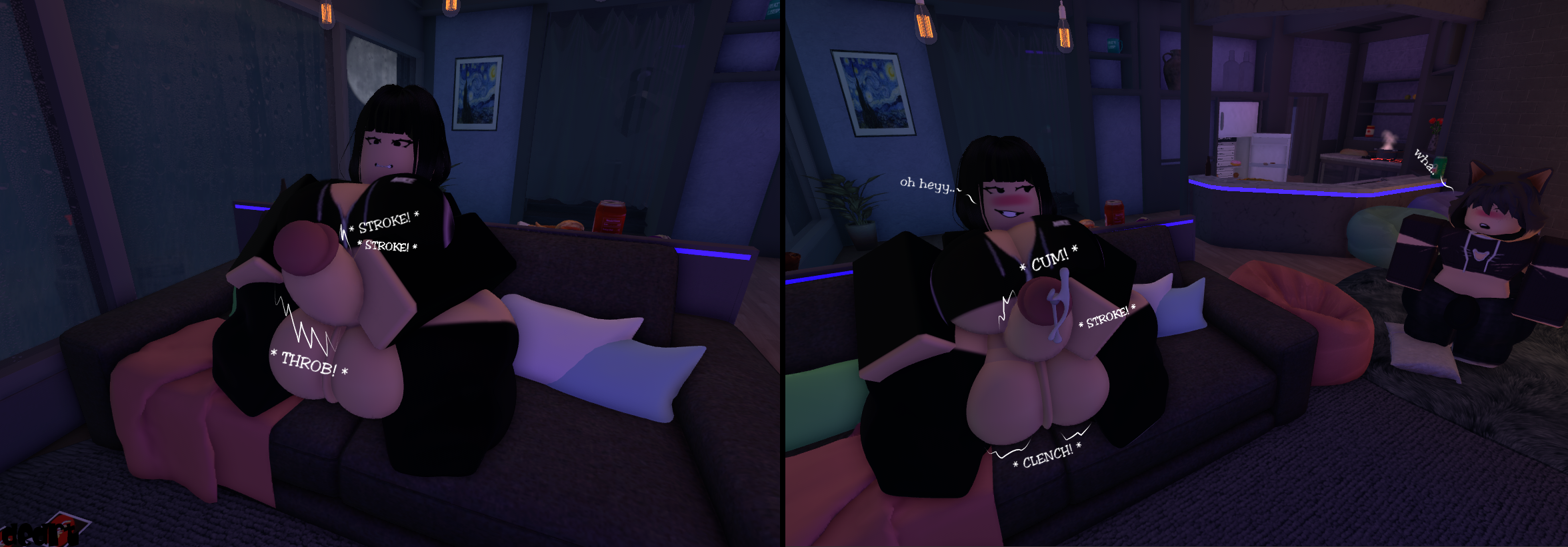 1boy, 1futa, 3d, apartment, balls, black hair, blush, breasts, comic, couch, cowgirl position, cum, cumming, cumshot, dedrt, femboy, femboysub, futa focus, futa on male, futanari, hands-free, hoodie, huge balls, huge cock, intersex, male, masturbation, orgasm, penis, roblox, robloxian, self upload, sofa, solo focus