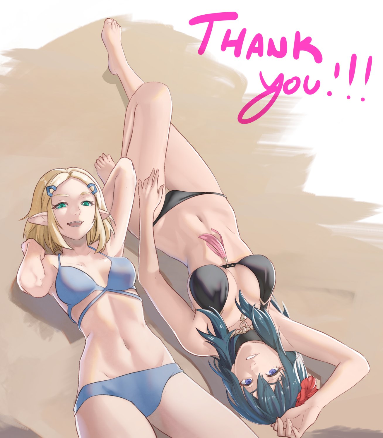 :d, 2girls, alternate costume, arm behind head, arm up, armpits, bare arms, bare legs, barefoot, bikini, black bikini, black swimsuit, blonde hair, blue bikini, blue eyes, blue hair, blue swimsuit, breasts, byleth (fire emblem), byleth (fire emblem) (female), byleth (summer) (fire emblem) (female), commentary, cowboy shot, feet, feet out of frame, female, female only, fire emblem, fire emblem heroes, fire emblem: three houses, flower, green eyes, hair flower, hair ornament, highres, knee up, large breasts, legs, long hair, looking at viewer, lying, medium breasts, medium hair, milestone celebration, multiple females, multiple girls, navel, nintendo, official alternate costume, on back, open mouth, pointy ears, pomelomelon, princess zelda, red flower, smile, stomach, swimsuit, tears of the kingdom, thank you, the legend of zelda, thighs, toenails, toes, upside-down, zelda (tears of the kingdom)