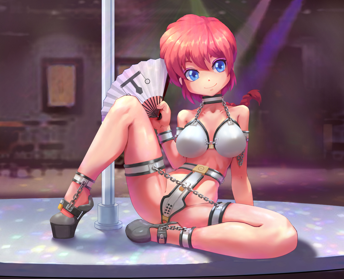 1girls, ankle cuffs, baiyebumian, blue eyes, braided ponytail, breasts, chains, chastity, chastity belt, chastity bra, chastity device, collar, fan, female, female chastity, female only, hand fan, holding fan, lock, looking at viewer, medium breasts, padlock, pole, ponytail, ranma 1/2, ranma saotome, ranma-chan, red hair, small breasts, solo, solo female, stripper pole, thigh band