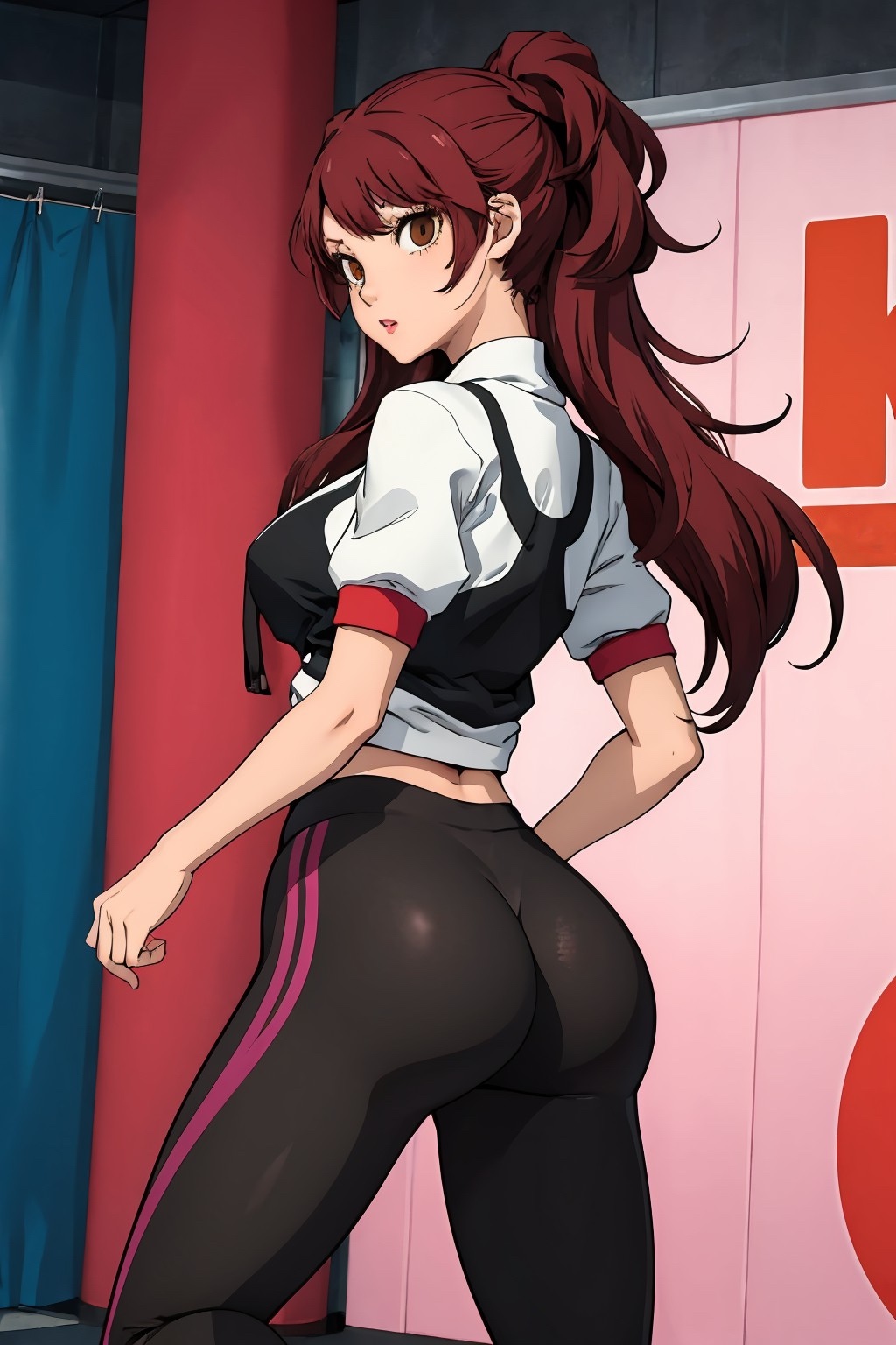 ai generated, atlus, brown hair, clothed, female, gym clothes, gym uniform, kujikawa rise, leggings, looking back, persona, persona 4, persona 4 the golden, sega, twintails, yoga pants