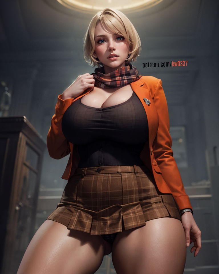 ai generated, ashley graham, ashley graham (ella freya), big breasts, blonde hair, blue eyes, breasts, cleavage, curvaceous, curvy, curvy female, eyes, feet out of frame, female, female only, huge breasts, huge thighs, jacket, kw0337, large breasts, large thighs, light skin, light-skinned female, miniskirt, panties, resident evil, resident evil 4, scarf, school uniform, short hair, short skirt, skirt, thick, thick thighs, thunder thighs, visible underwear, voluptuous, voluptuous female, wide hips