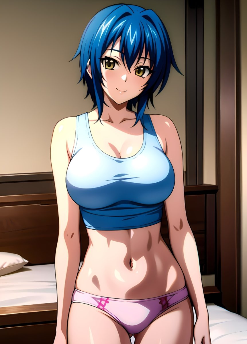 1girls, ai generated, athletic, athletic female, bed, bedroom, big breasts, blue hair, breasts, busty, female, female only, hi res, high school dxd, large breasts, legs, looking at viewer, midriff, navel, panties, short hair, smile, solo, tank top, thighs, tomboy, voluptuous, xenovia quarta, yellow eyes