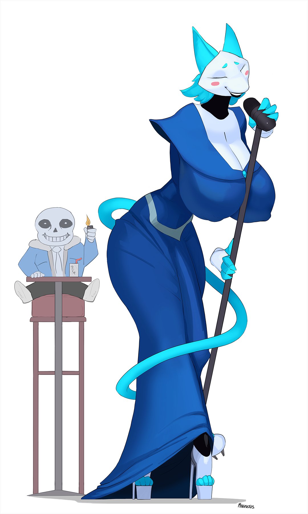 2023 animated_skeleton anthro big_ass big_breasts biped blue_clothing blue_dress blush blush_stickers bone breasts bulge cleavage clothed clothing darkner deltarune digital_media_(artwork) domestic_cat dress duo felid feline felis female footwear genital_outline gynomorph hi_res high_heels huge_breasts intersex machine magnetus male mammal nipple_outline nipples_visible_through_clothing penis_outline robot sans simple_background singing skeleton small_waist stiletto_heels tagme tasque_manager_(deltarune) toby_fox undead undertale undertale_(series) very_high_heels white_background