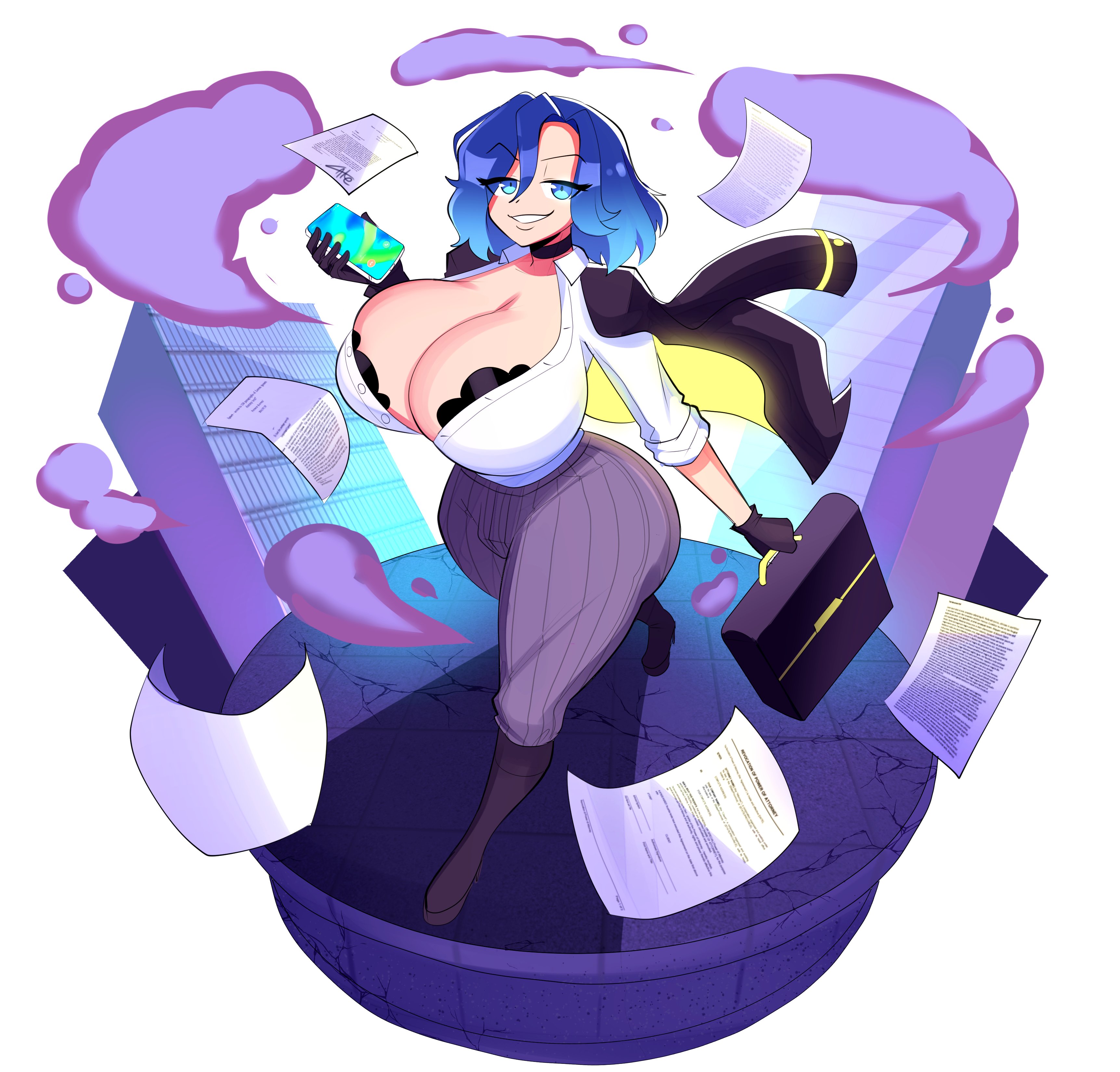 1girls, ass, big ass, big breasts, blue eyes, blue hair, boots, bra, breasts, bubble ass, bubble butt, busty, cellphone, choker, cleavage, clothing, female, female only, handbag, jacket, jacket on shoulders, large ass, large breasts, light skin, light-skinned female, looking at viewer, pants, paper, shirt, smile, smiling at viewer, solo, space left, spacey (space left), theycallhimcake, thick thighs, walking, wide hips