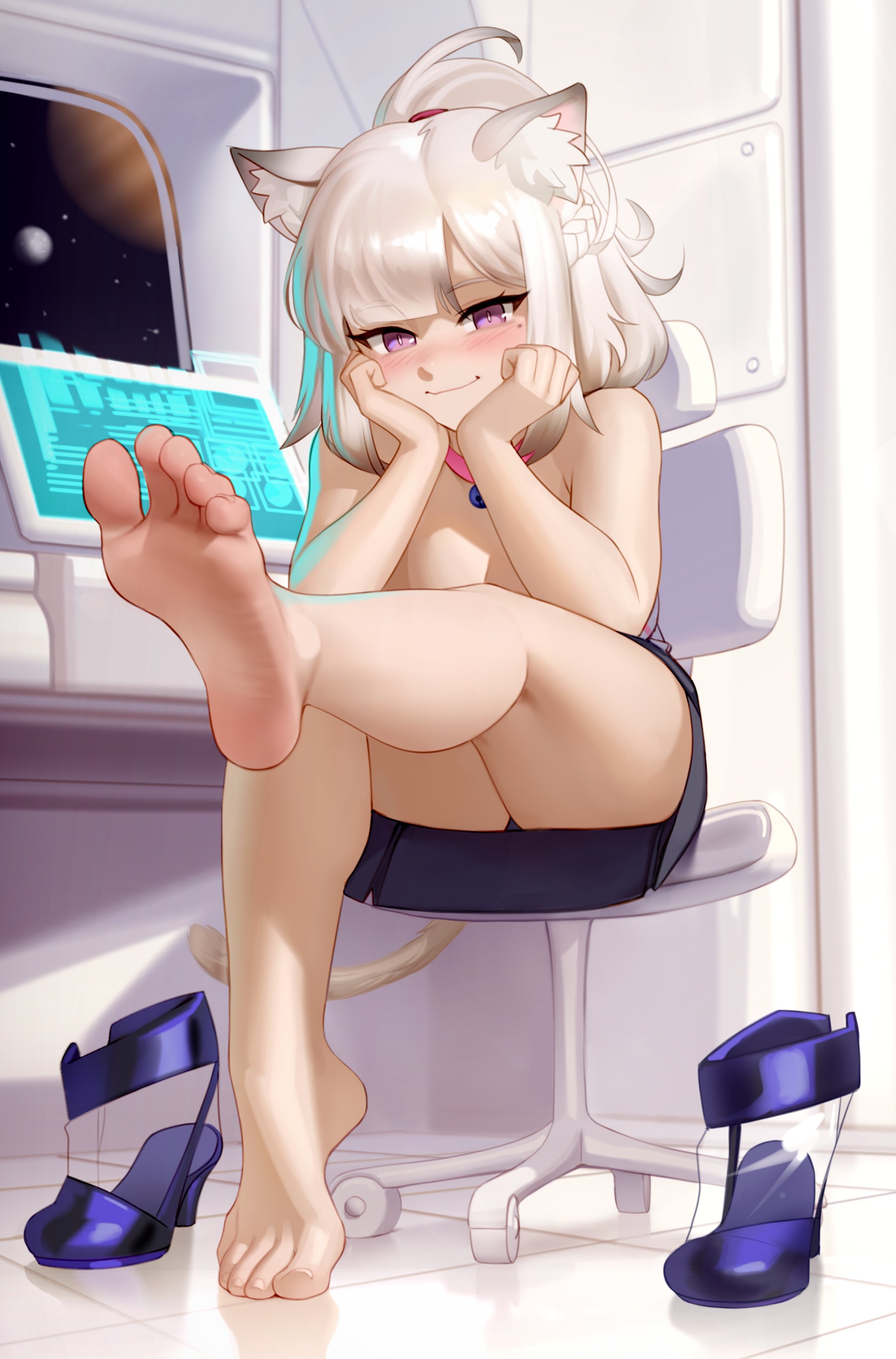 1girls, animal ears, bare arms, bare legs, barefoot, black skirt, blush, breasts, cat ears, collar, feet, female, foot fetish, full body, kairuhentai, kairunoburogu, legs, looking at viewer, mole under eye, original, partially clothed, shoes removed, sitting, solo, tail, toes