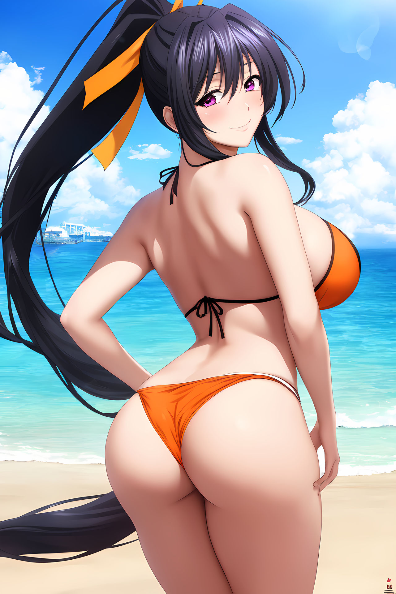 1girls, ai generated, akeno himejima, ass, ass focus, beach, beach background, bent over, big ass, big breasts, bikini, breasts, busty, fat ass, female, female only, hand on hip, high school dxd, huge breasts, large breasts, legs, light skin, light-skinned female, long hair, looking at viewer, looking back, ocean, ponytail, purple eyes, purple hair, round ass, sideboob, smile, smiling at viewer, solo, thighs, voluptuous, water