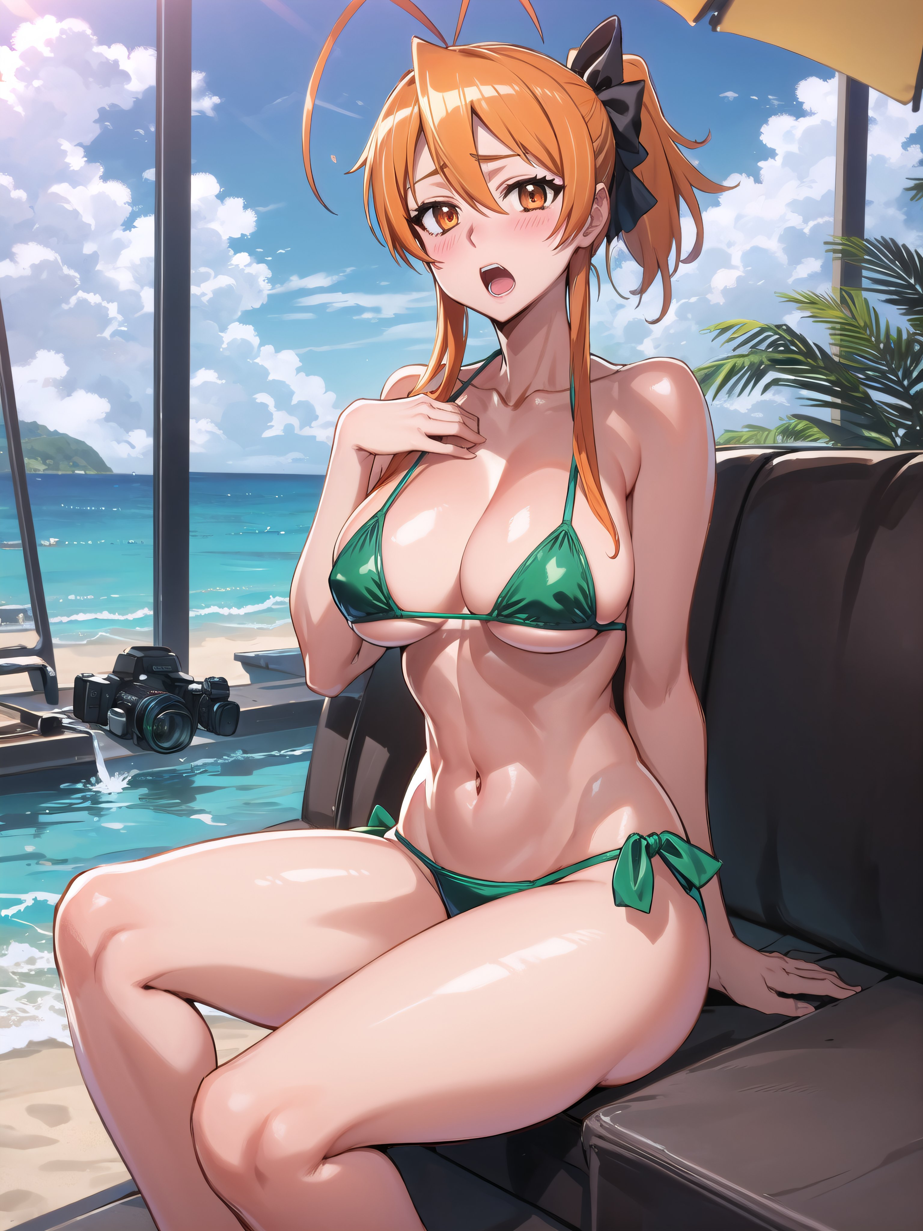 1girls, ai generated, arm support, artist request, big breasts, bikini, breasts, brown eyes, brown hair, busty, cleavage, female, green bikini, hair ribbon, hand on own chest, highschool of the dead, large breasts, legs, long hair, looking at viewer, navel, ponytail, pool, rei miyamoto, sitting, solo, sweat, thick thighs, thighs, voluptuous