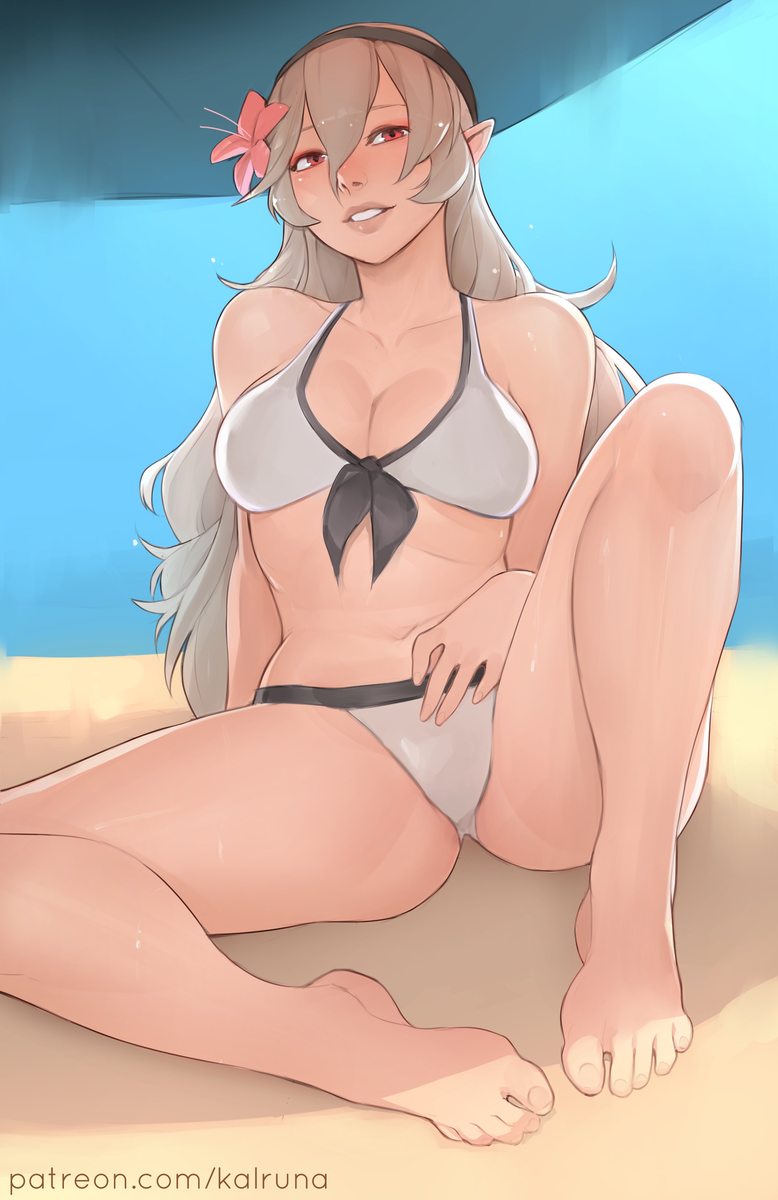 1girls, alternate breast size, alternate costume, bare legs, barefoot, beach, big breasts, bikini, breasts, cleavage, corrin (fire emblem), corrin (fire emblem) (female), female, female only, fire emblem, fire emblem fates, fire emblem heroes, grey hair, grin, kalruna, large breasts, legs, long hair, looking at viewer, nintendo, official alternate costume, outdoors, parasol, red eyes, sitting, smile, solo, swimsuit, umbrella, very long hair, white bikini, white swimsuit